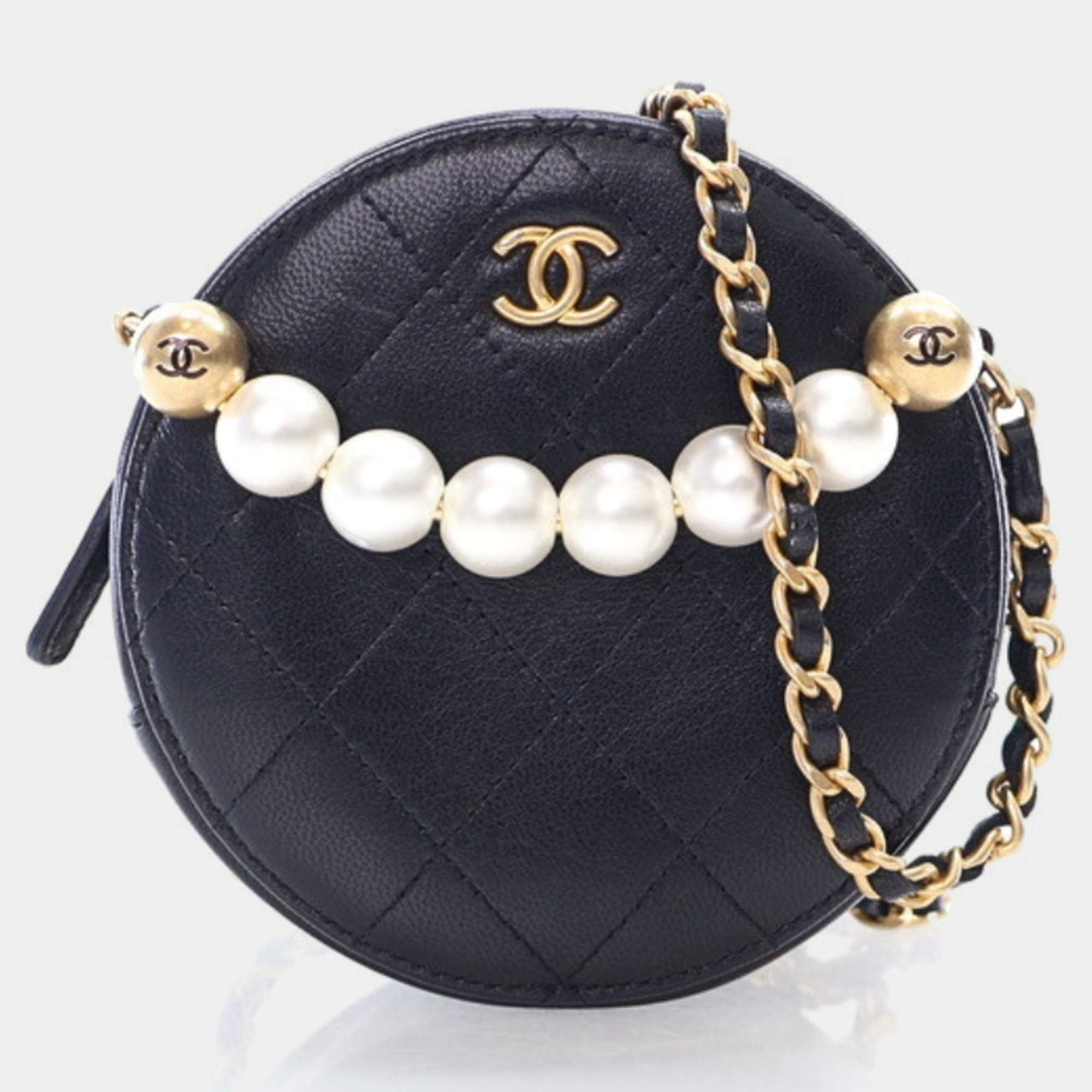 Chanel Black Lambskin Pearl Round Clutch
