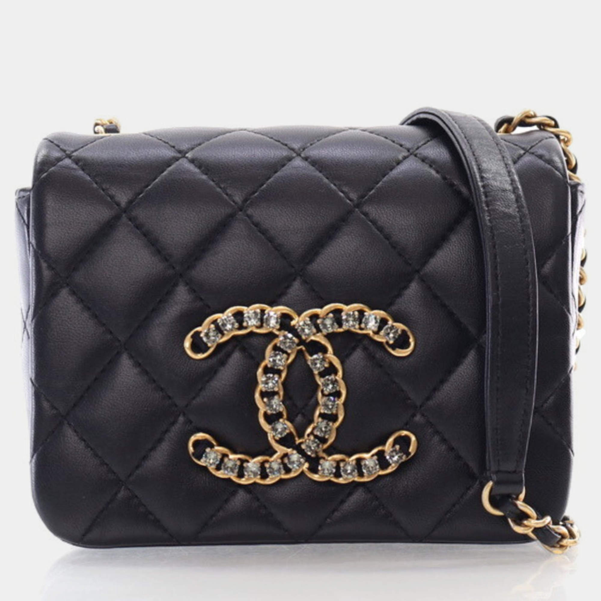 Chanel Mini Black Lambskin Crystal CC Full Flap Bag