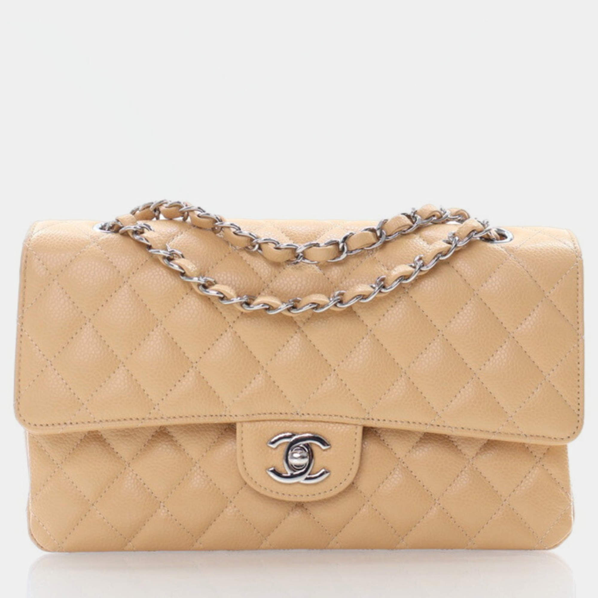 Chanel Classic Double Flap Medium Beige Caviar Shoulder Bag