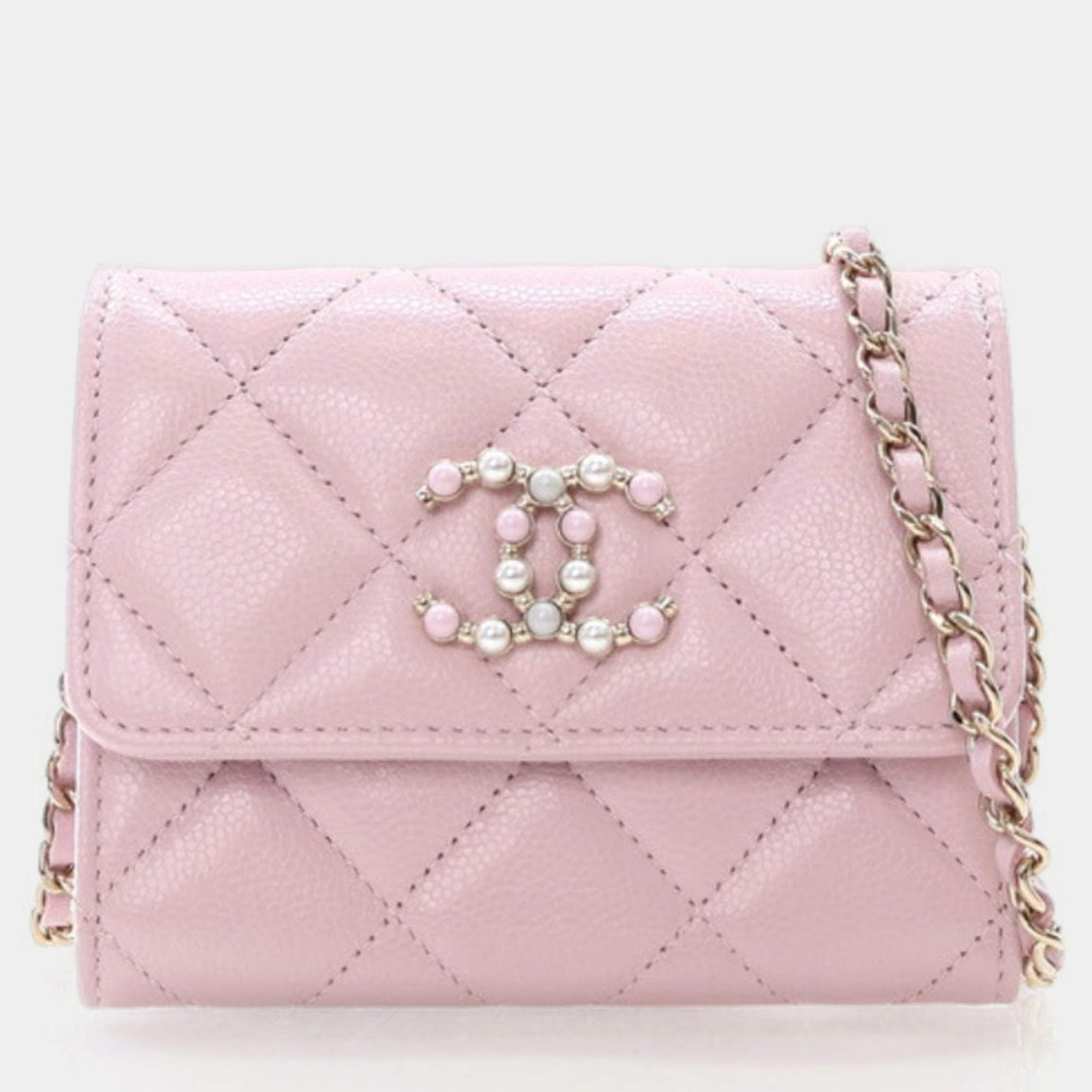 Chanel Pink Caviar Coco Candy Card Holder On Chain