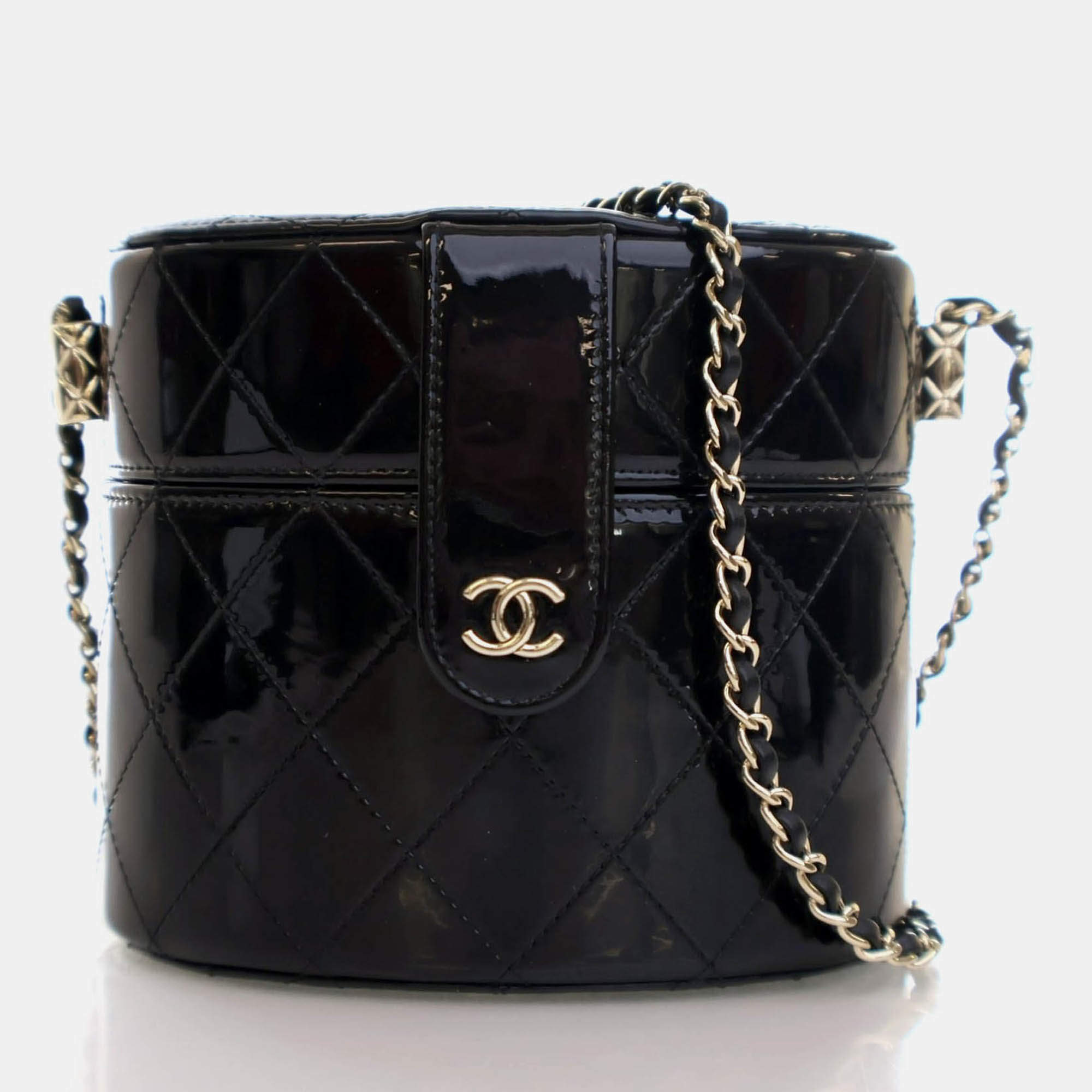 Chanel Black Patent Round Vanity Clutch