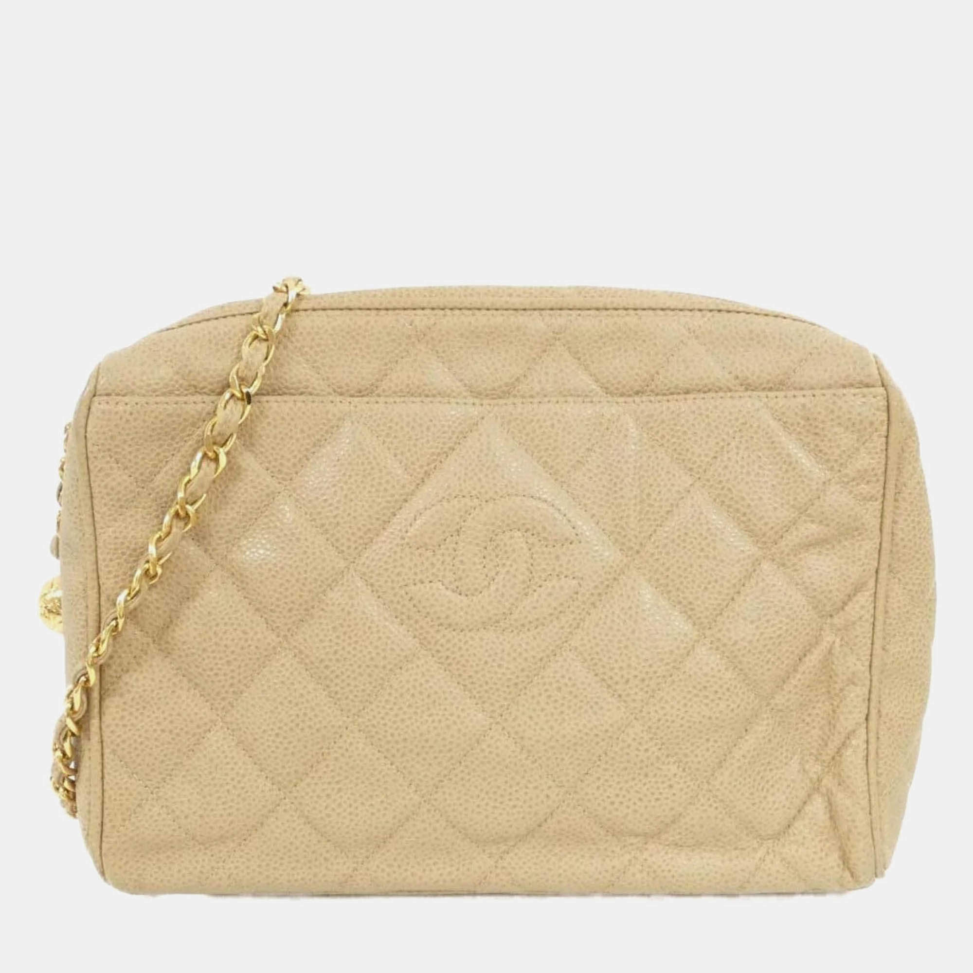 Pre Owned Chanel Beige Leather Shoulder Bag