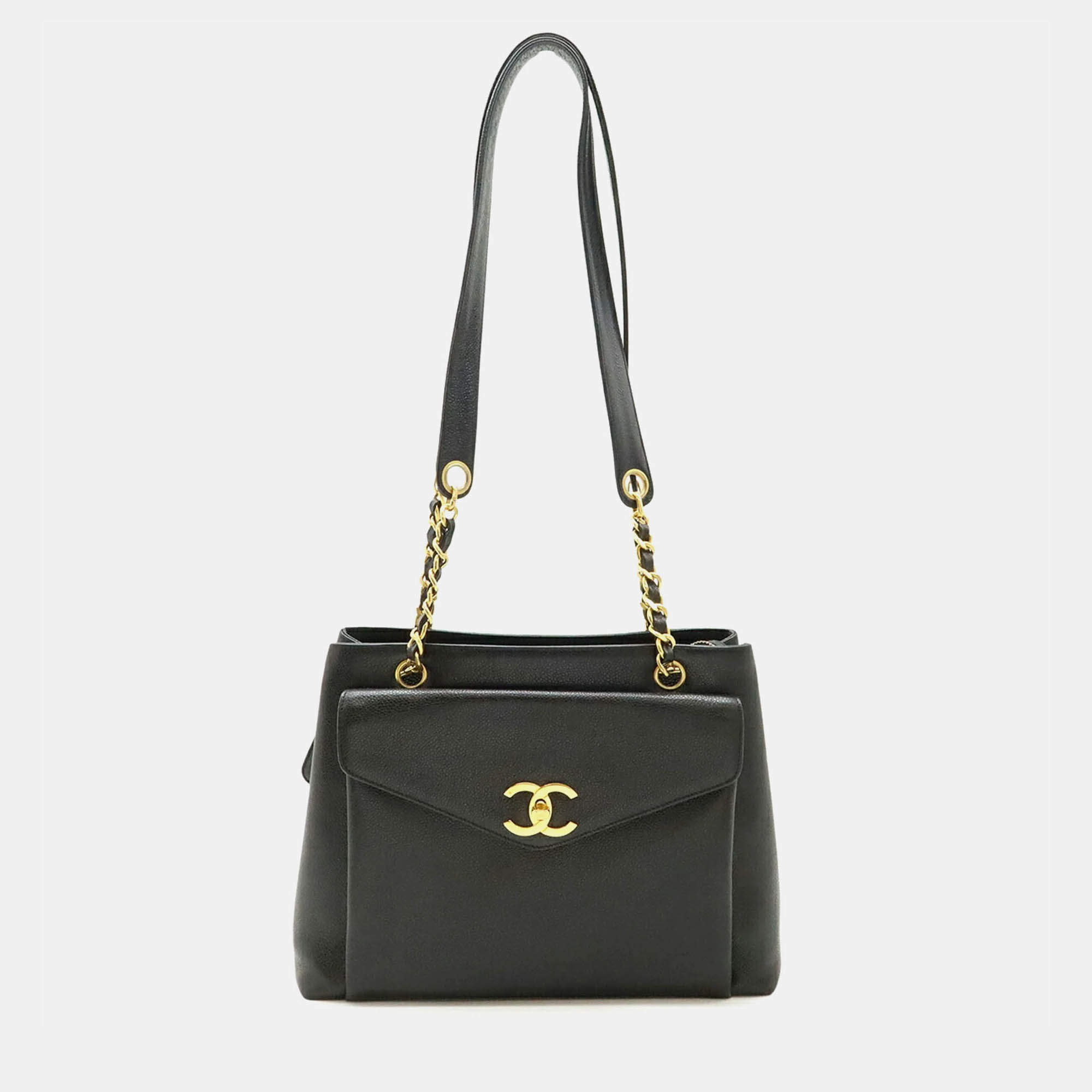 Chanel Coco Mark Tote Bag Chain Shoulder Caviar Skin Leather Black
