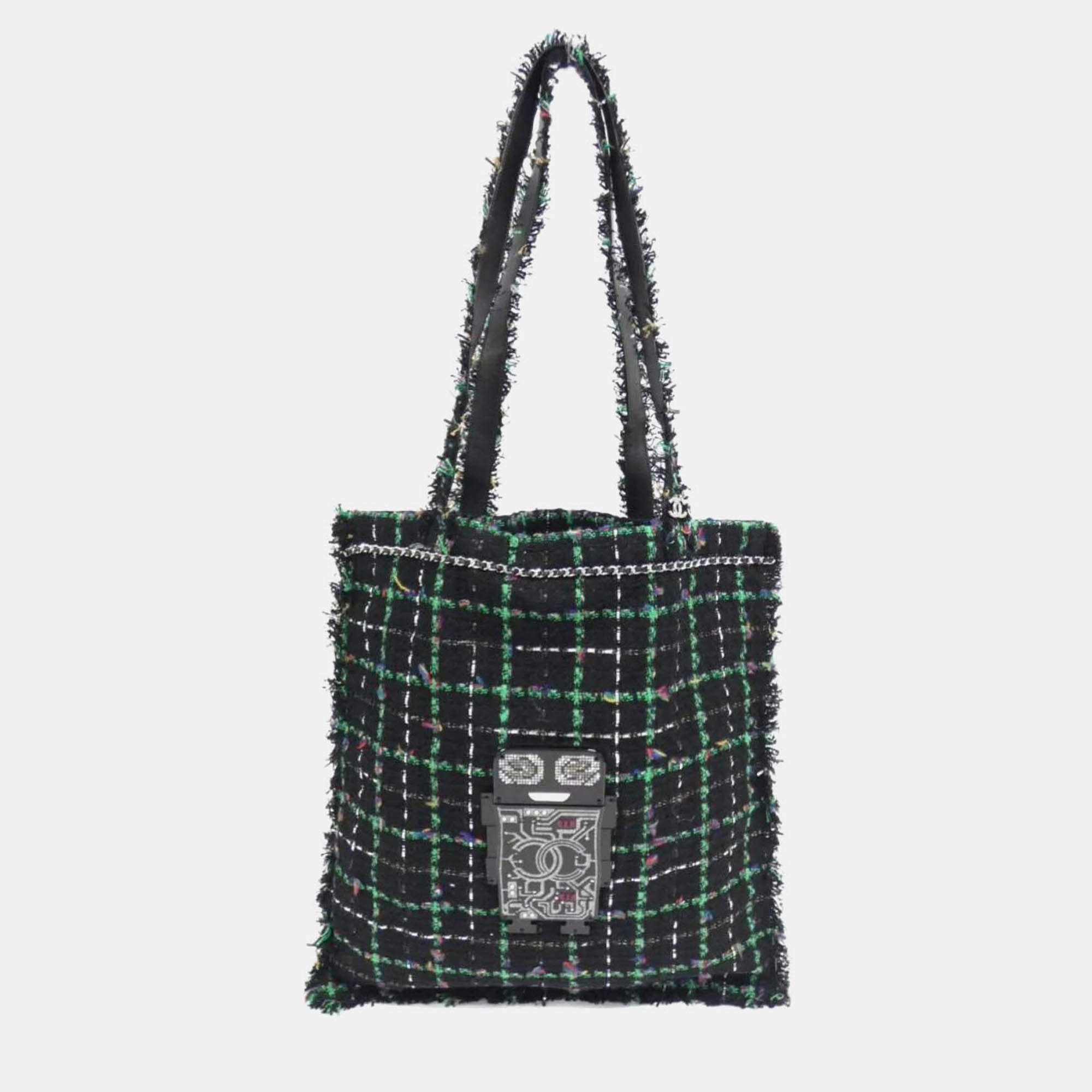 Chanel Resin Strass Large Robot Black Tweed Shopping Bag 
