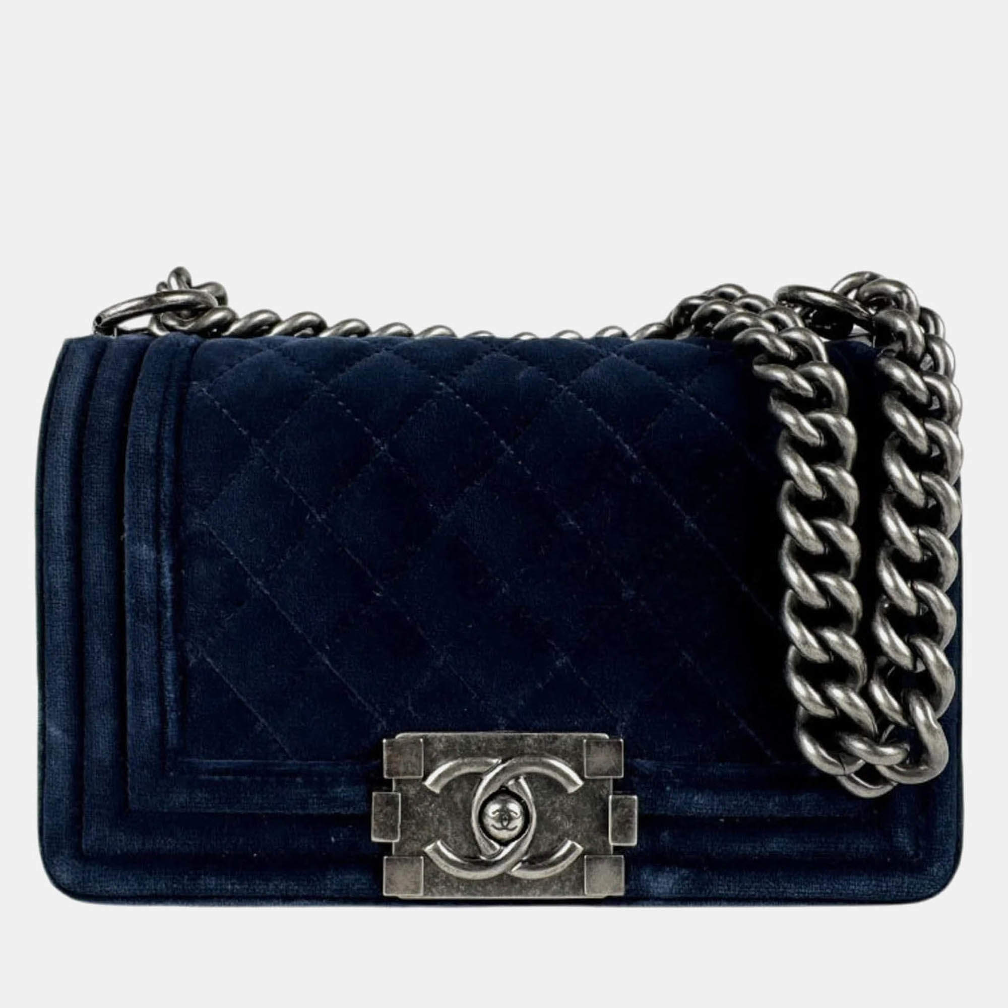 Chanel Shoulder Bag Boy Chanel Velvet Navy