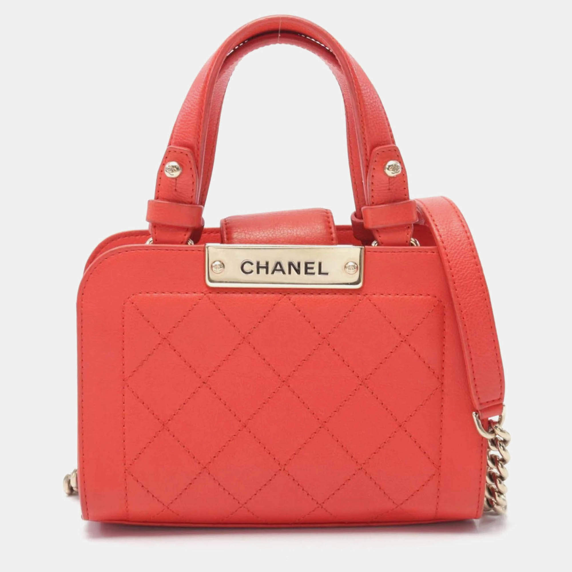 Chanel Label Click Shopper Small Red Grained Calfskin Stitched Tote Bag