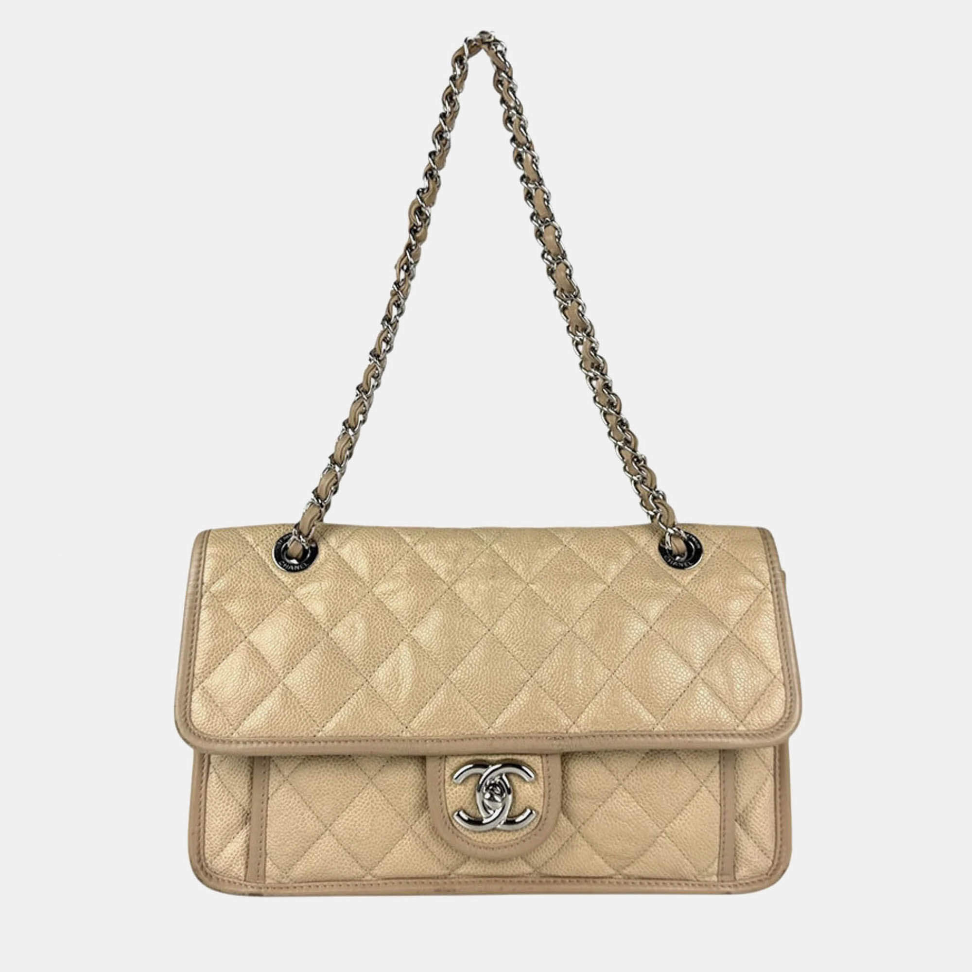 Chanel Shoulder Bag Caviar Skin Leather Beige Silver