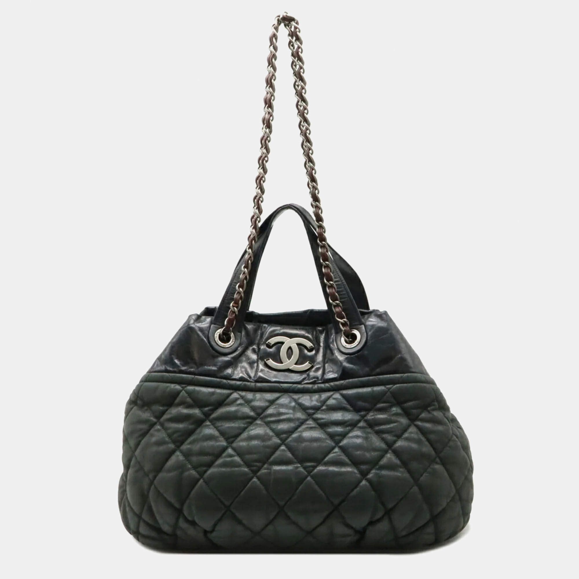 Chanel In The Mix Matelasse Coco Mark Chain Shoulder Bag Tote Sparkle Leather Black