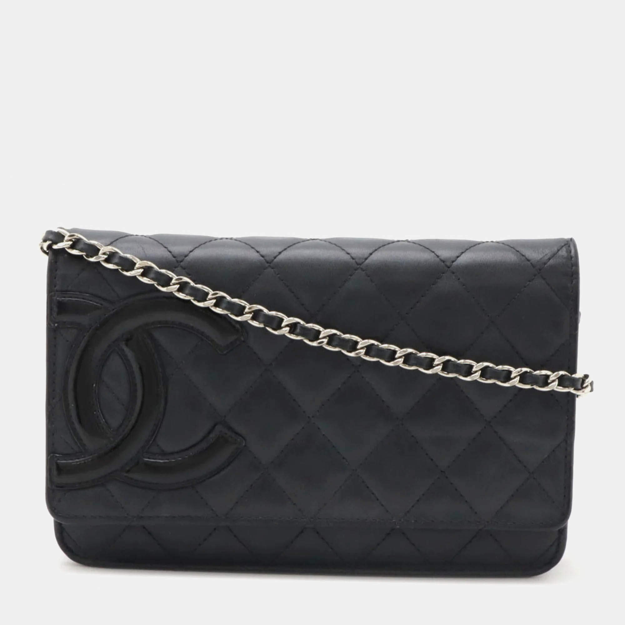Chanel Cambon Line Coco Mark Chain Wallet Shoulder Bag Pochette Calfskin Enamel Black