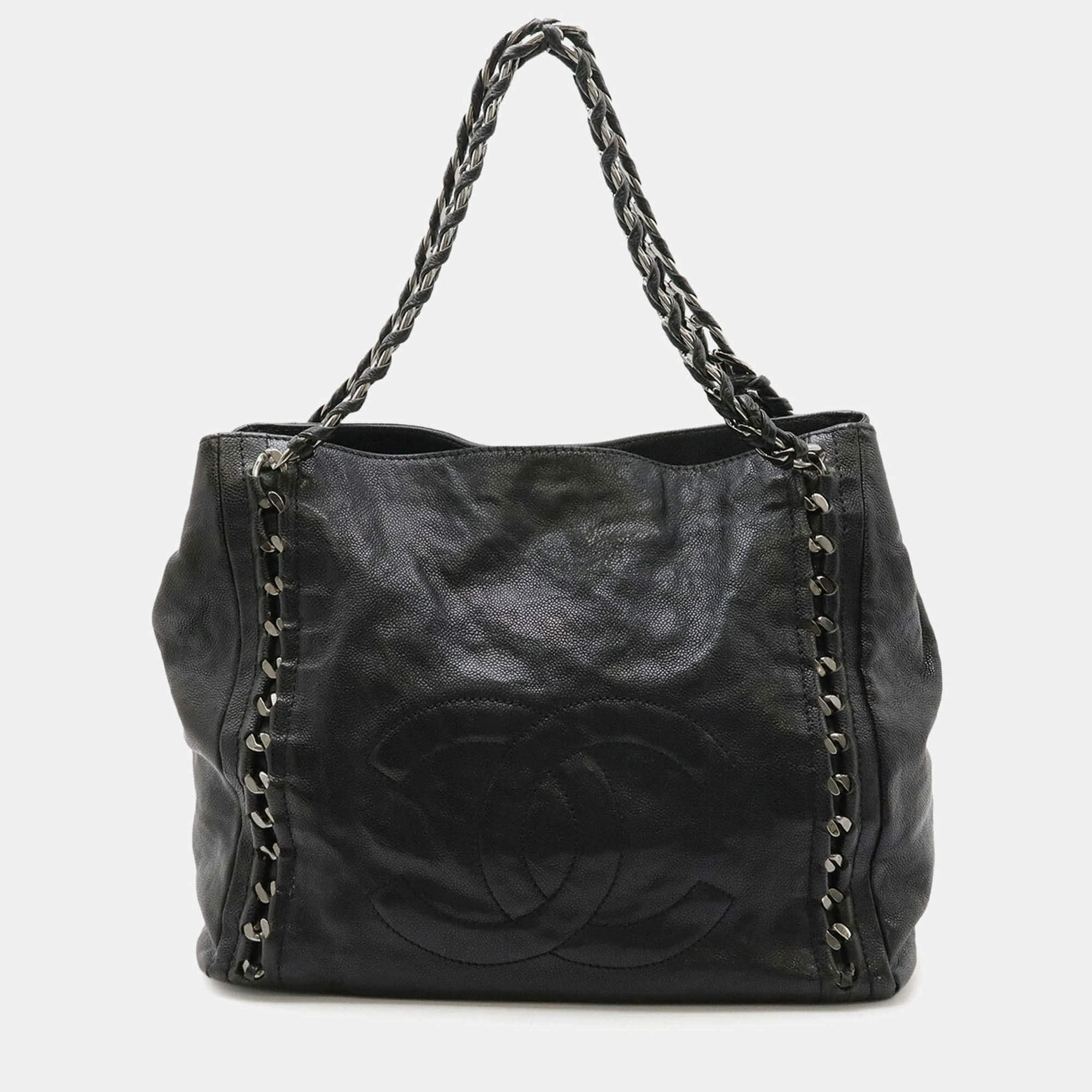 Chanel Luxury Line Coco Mark Chain Tote Bag Shoulder Caviar Skin Leather Black