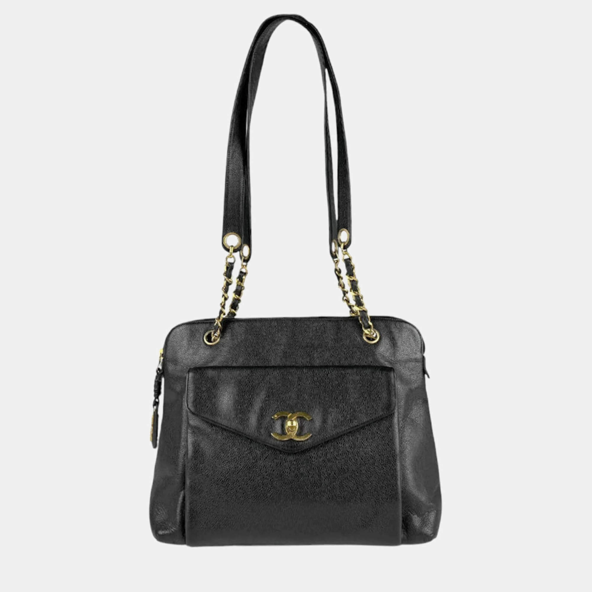 Chanel Front Pocket Black Leather Shoulder Bag 