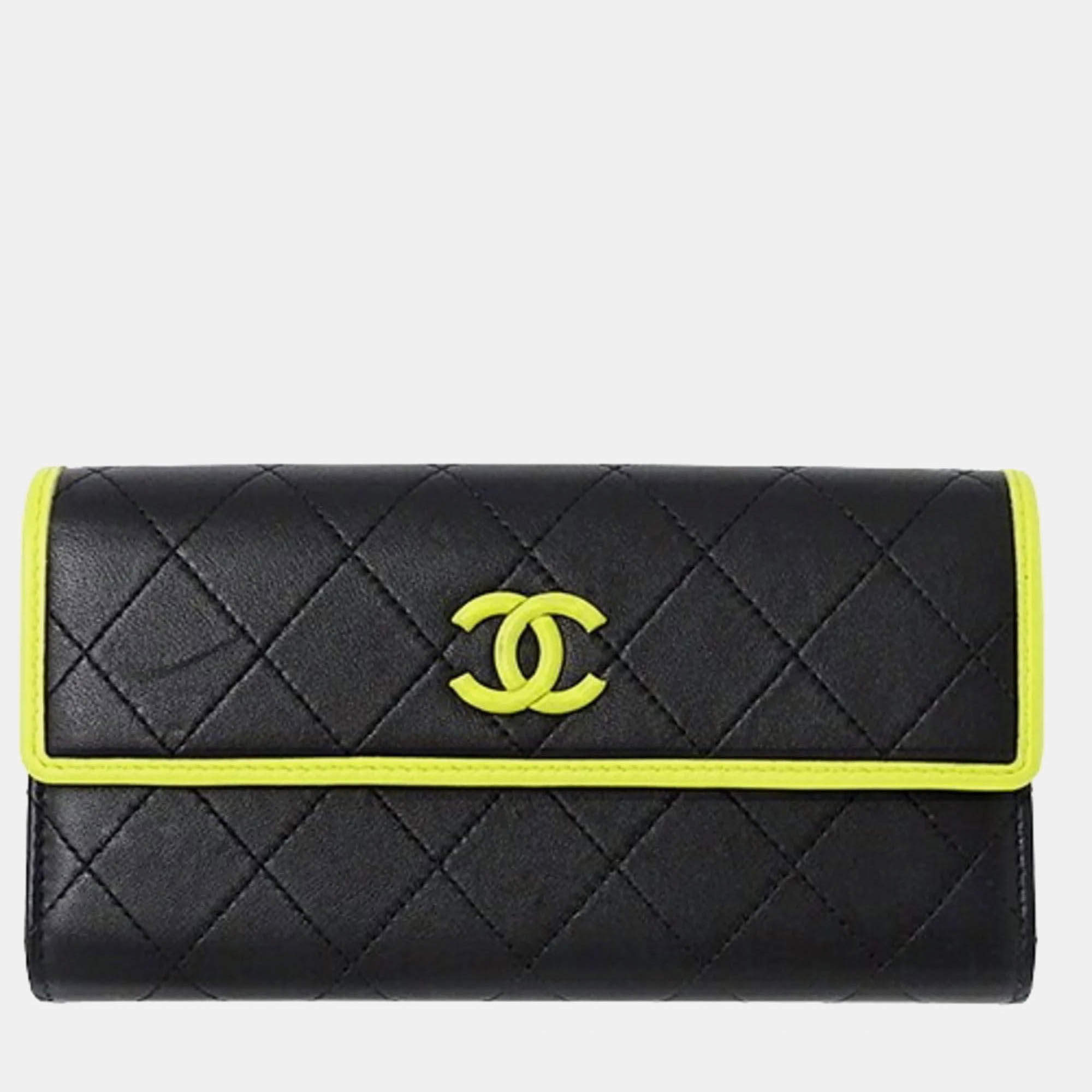 Chanel Wallet Matelasse Long Lambskin Black Yellow Bicolor