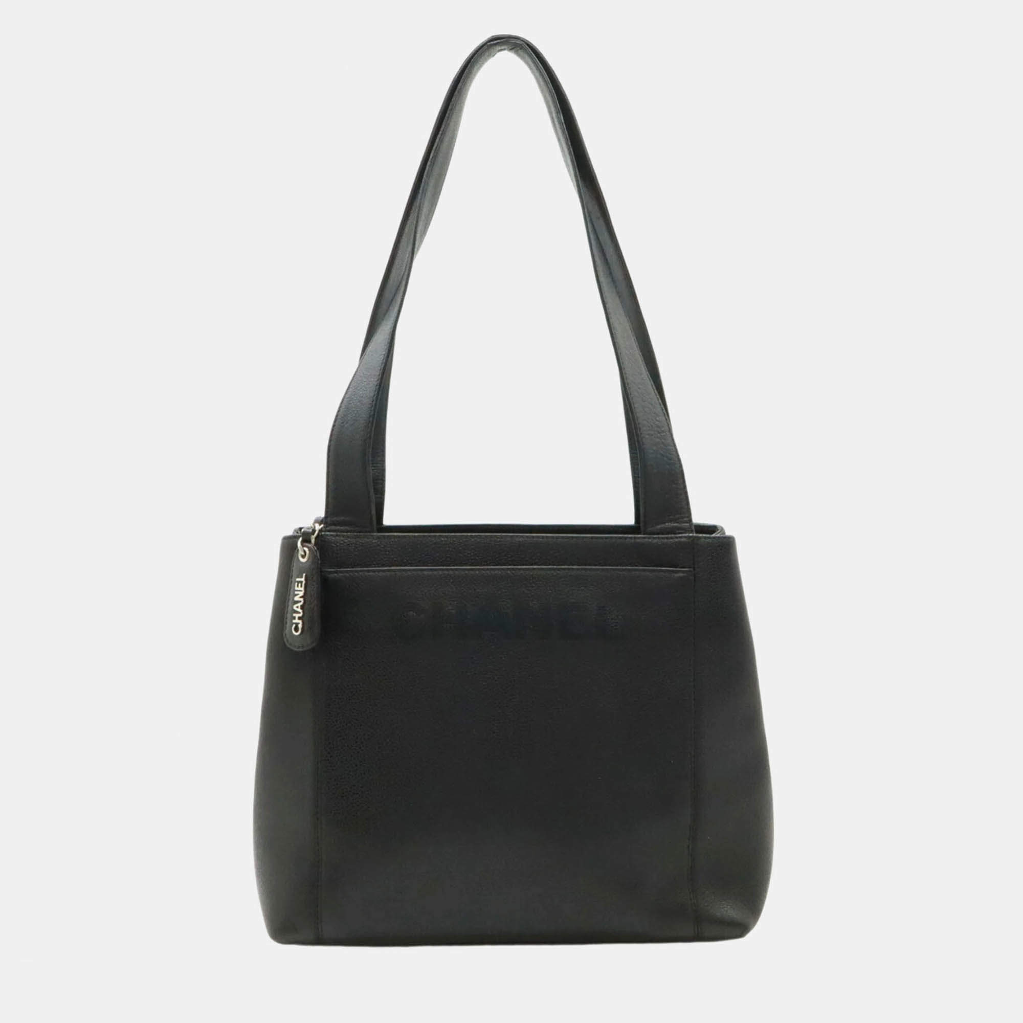 Chanel Embroidered Logo Black Caviar Shoulder Bag 