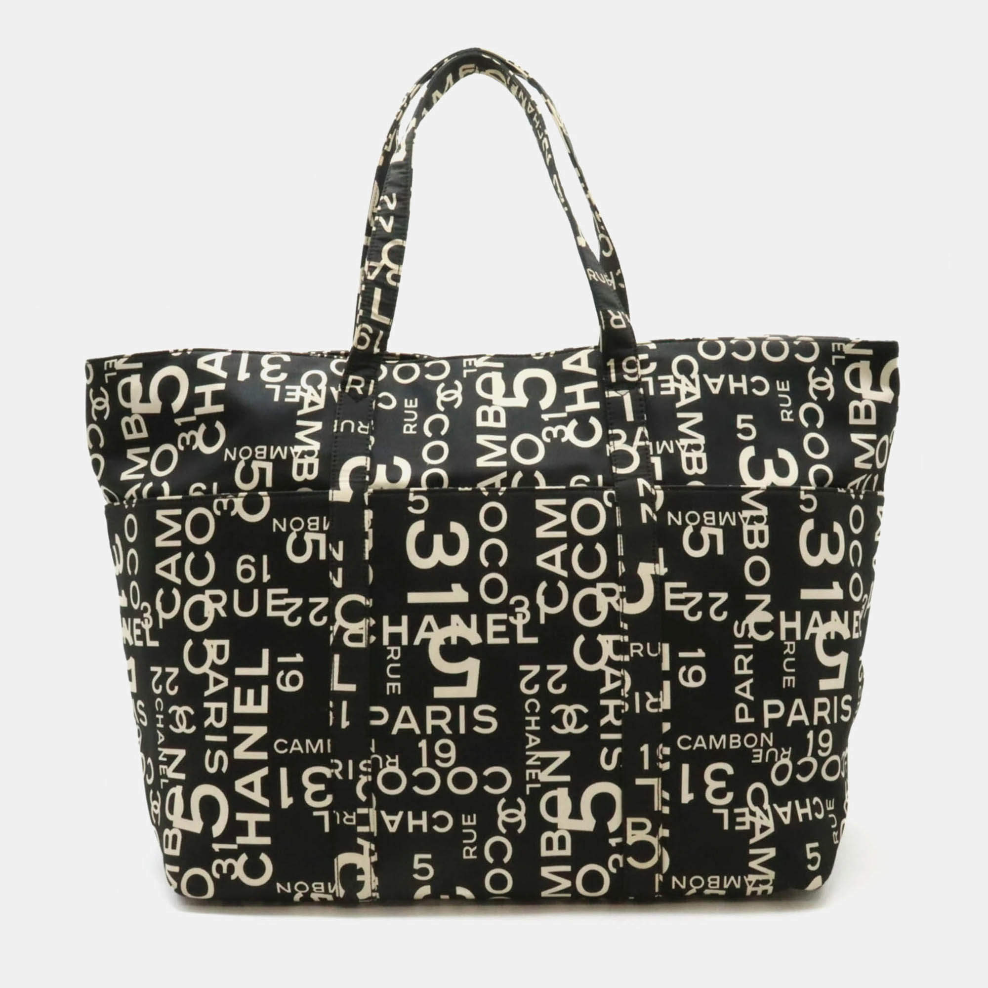 Chanel By Sea Line Tote Bag Large Plastic Chain Canvas Black Ivory