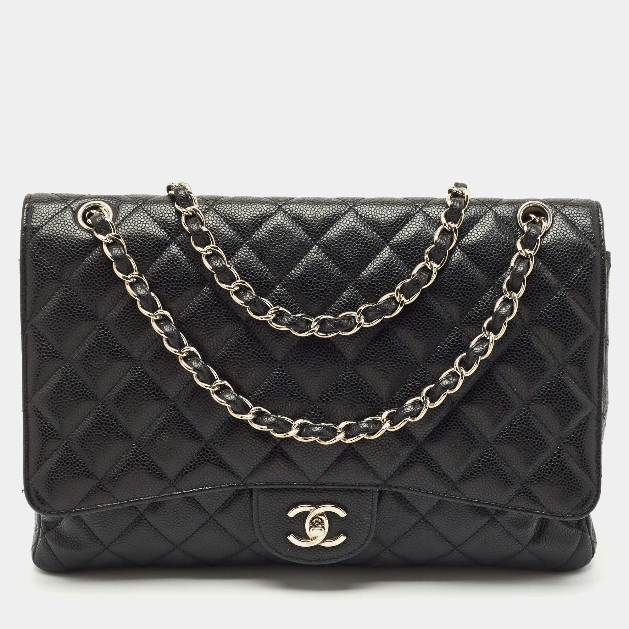 Pre Owned Chanel Black Quilted Caviar Leather Maxi Classic Single Flap Bag