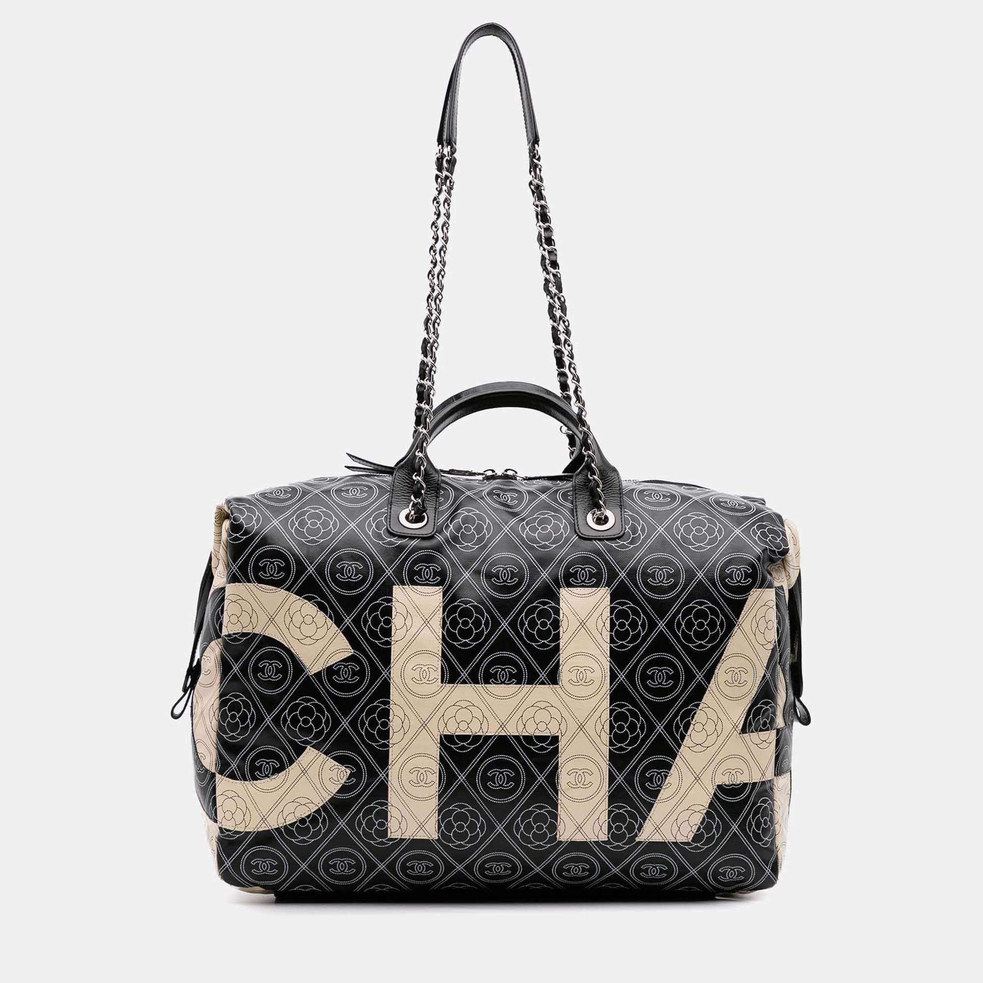 Chanel Black/White Large Coated Canvas Camellia Maxi Logo Bowling Bag