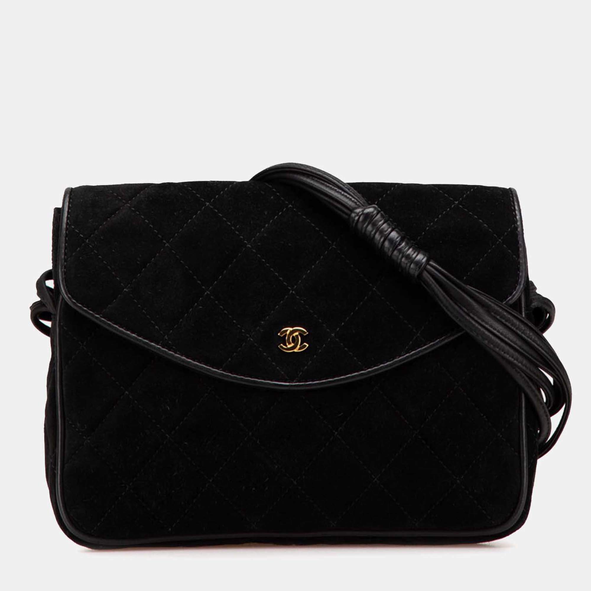 Chanel Black CC Quilted Suede Shoulder Bag