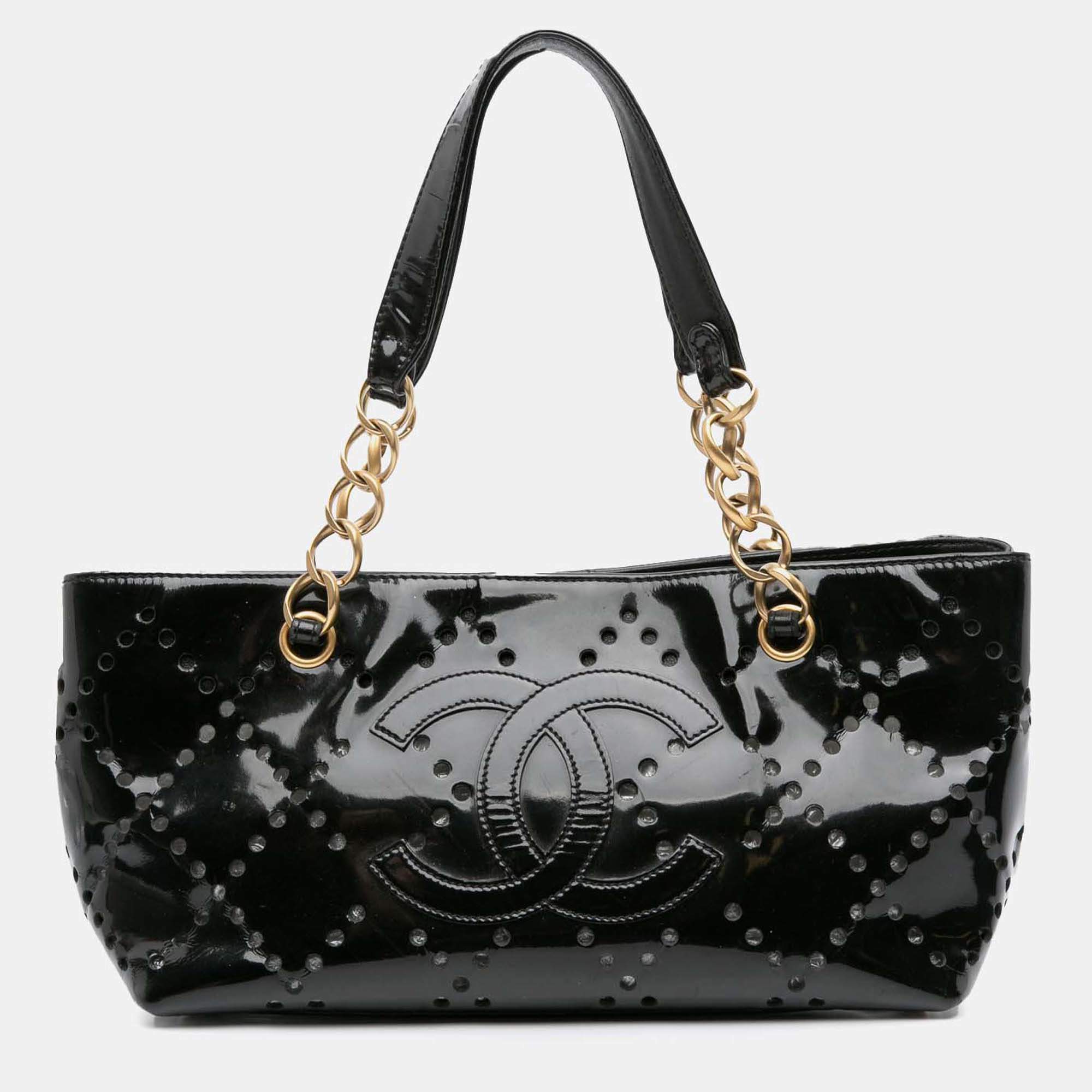 Chanel Black Small CC Perforated Patent Tote