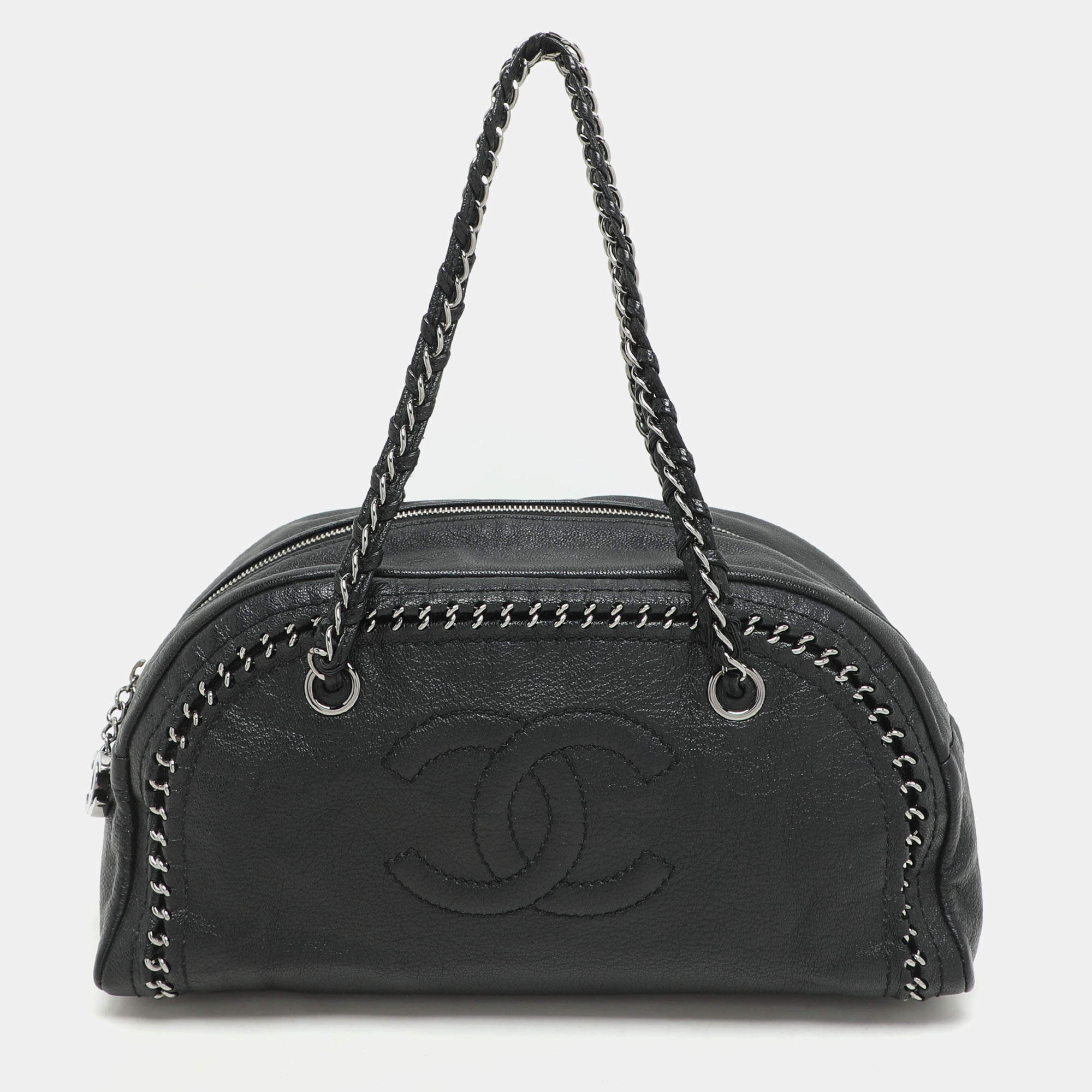 Chanel Black Leather Medium Chain Trim Luxe Ligne Bowler Bag
