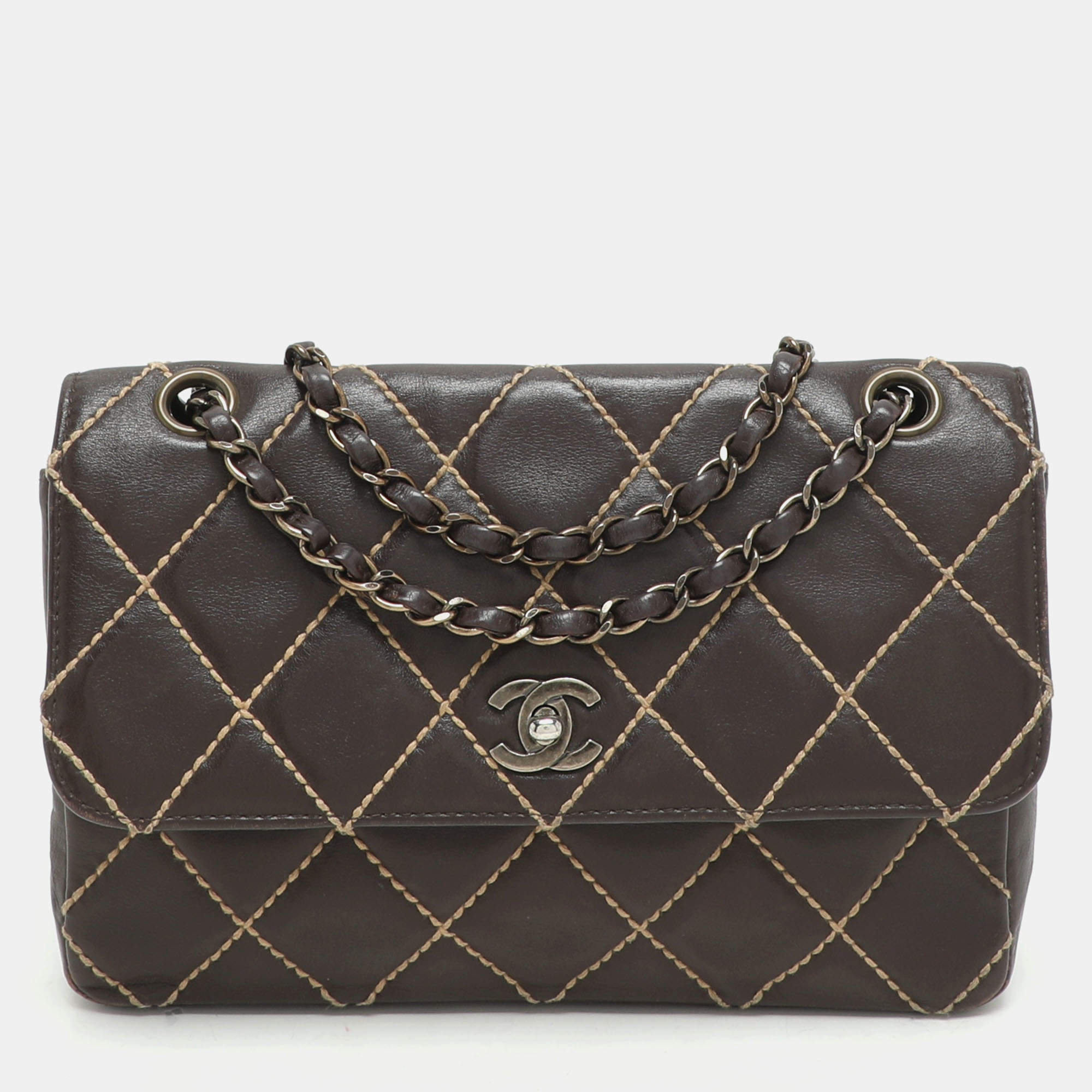 Chanel Brown Quilted Leather Wild Stitch Surpique Flap Bag