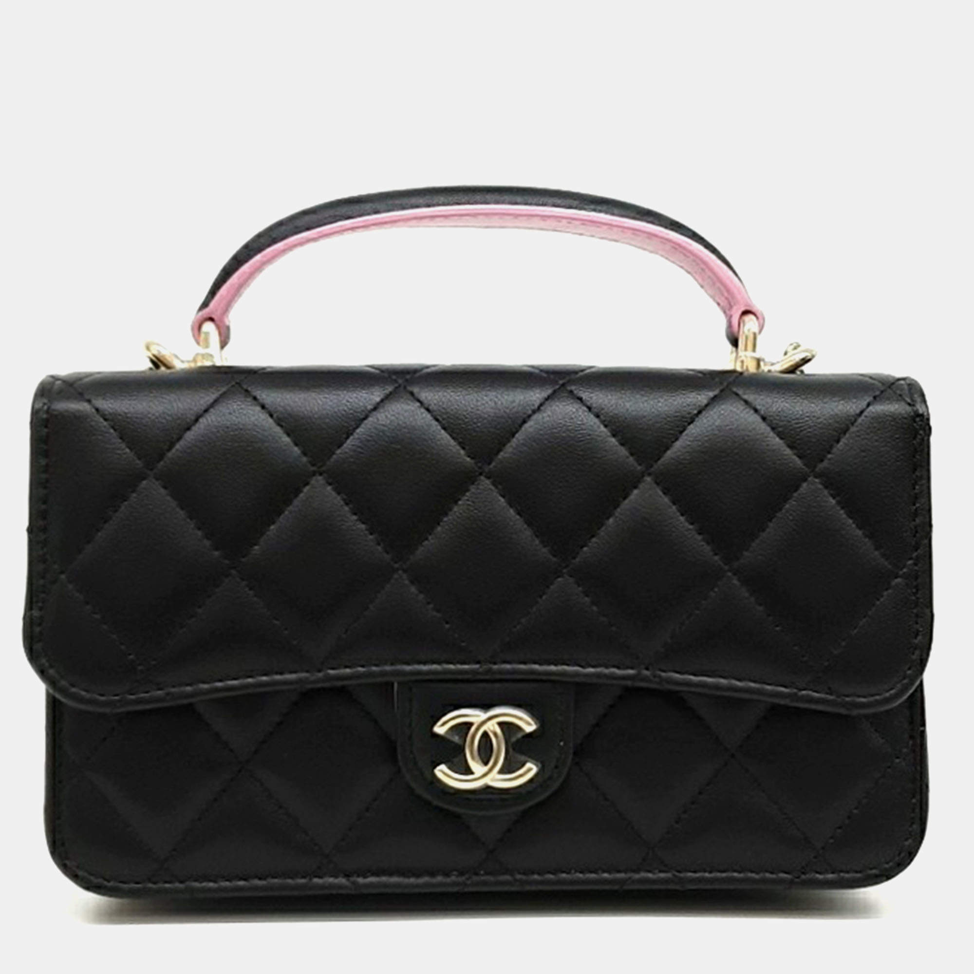 Chanel Black Leather Lambskin Top Handle Mini Chain Crossbody Bag