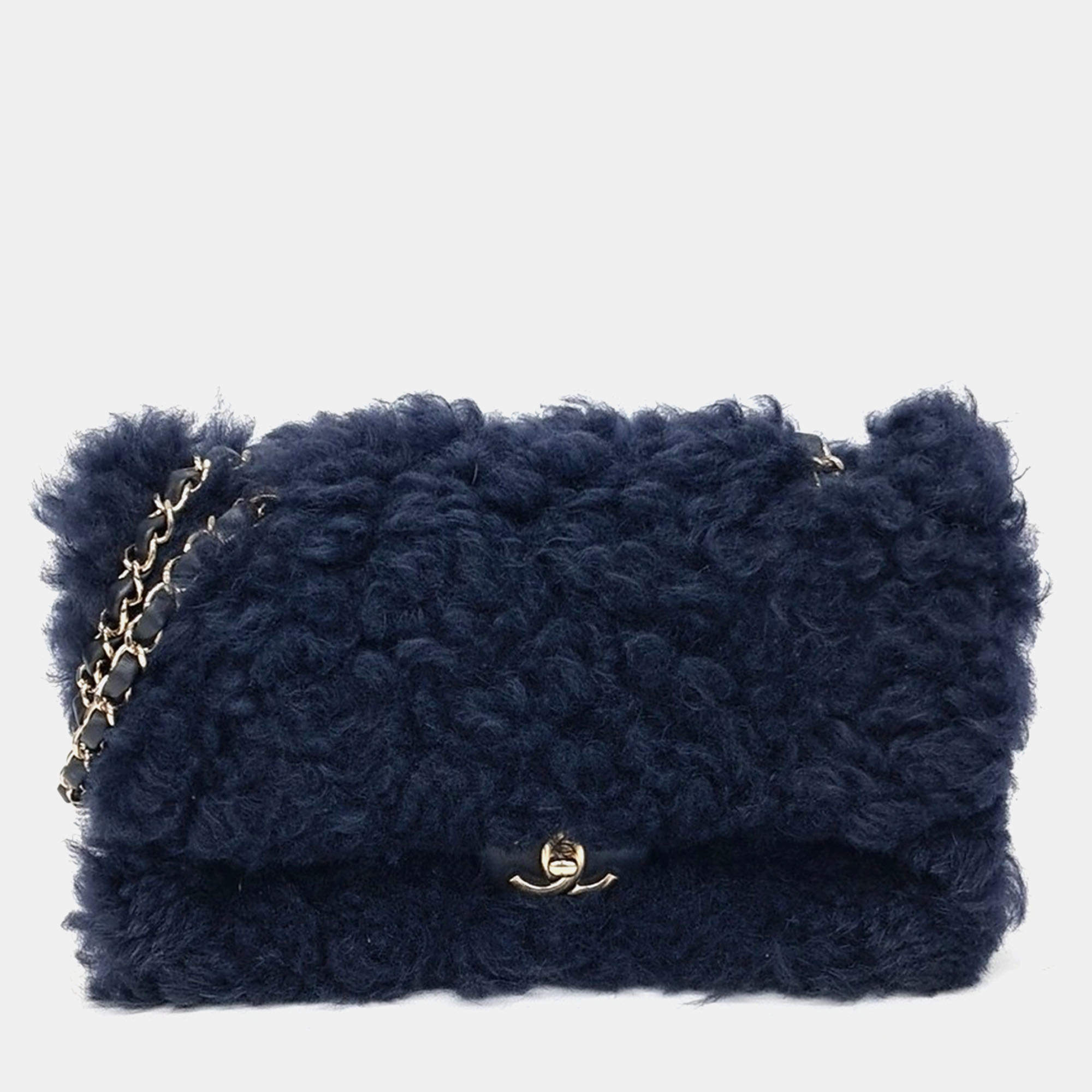 Chanel Navy Blue Fur shearling chain shoulder bag