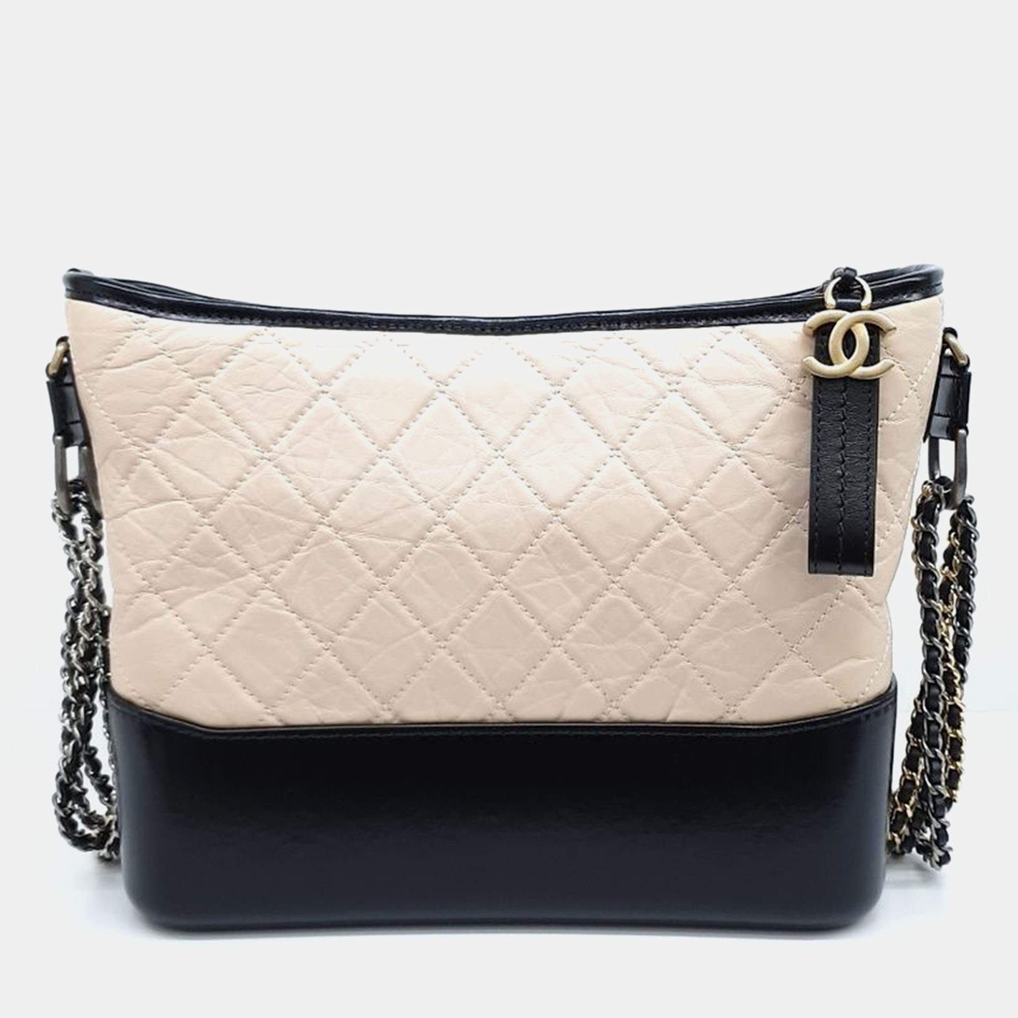 Pre Owned Chanel Beige/Black Leather Gabrielle Hobo Medium Bag