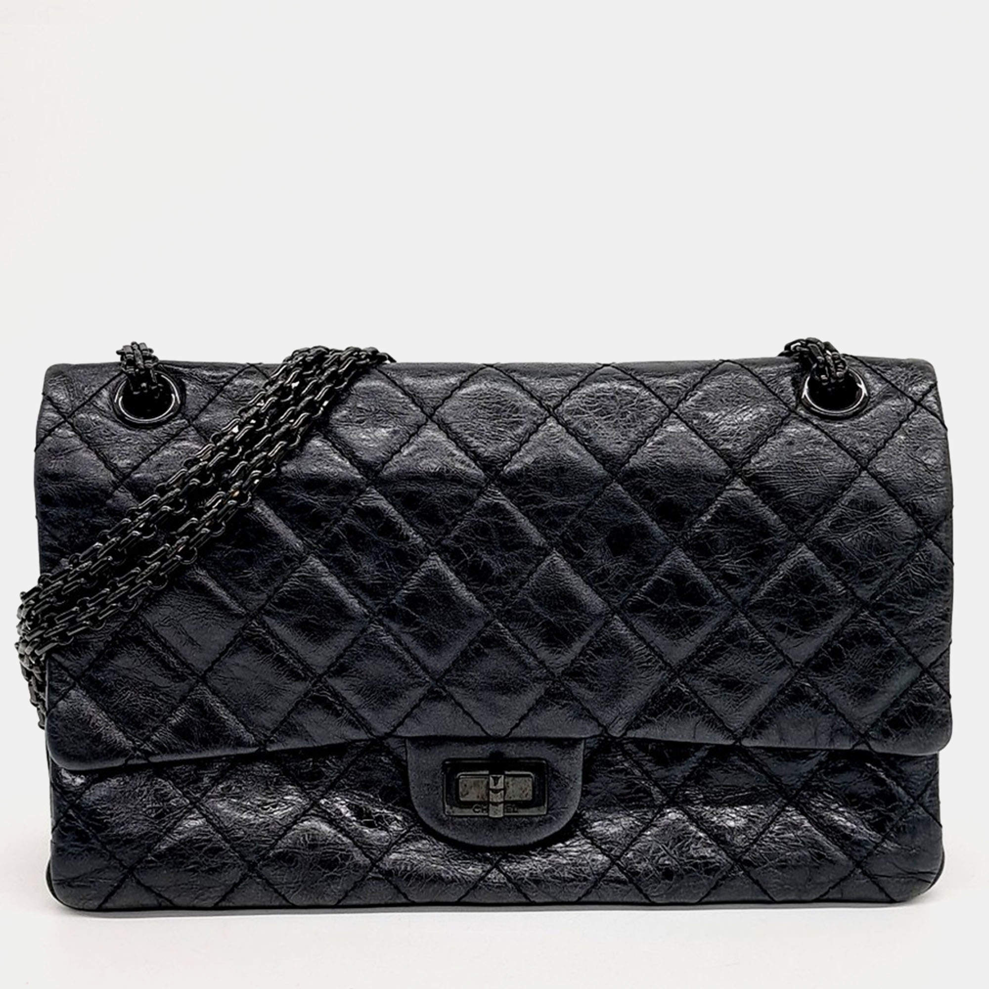 Chanel Black Leather Metallic Vintage 2.55 Bag 28