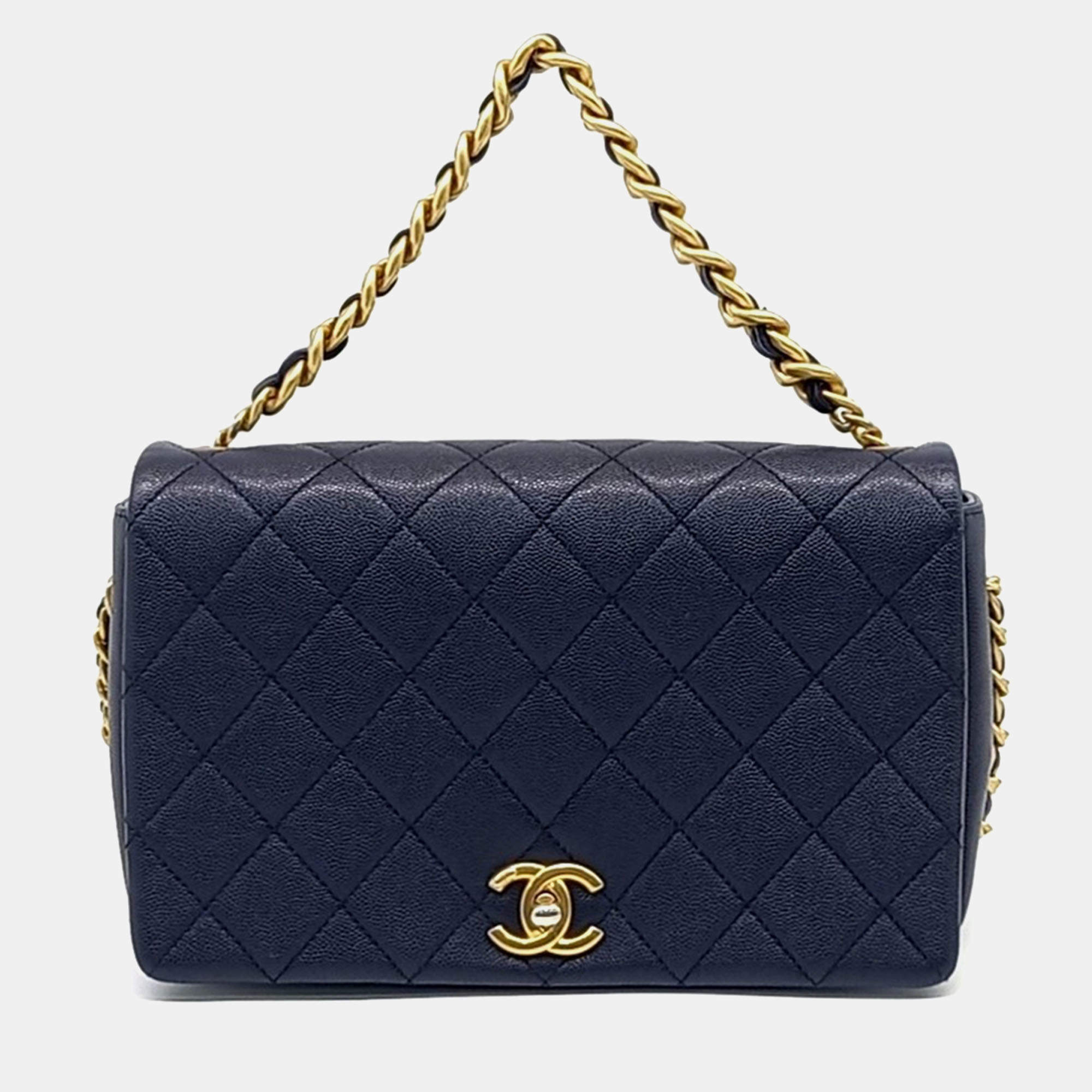 Pre Owned Chanel Navy Blue Leather Caviar Flap Bag