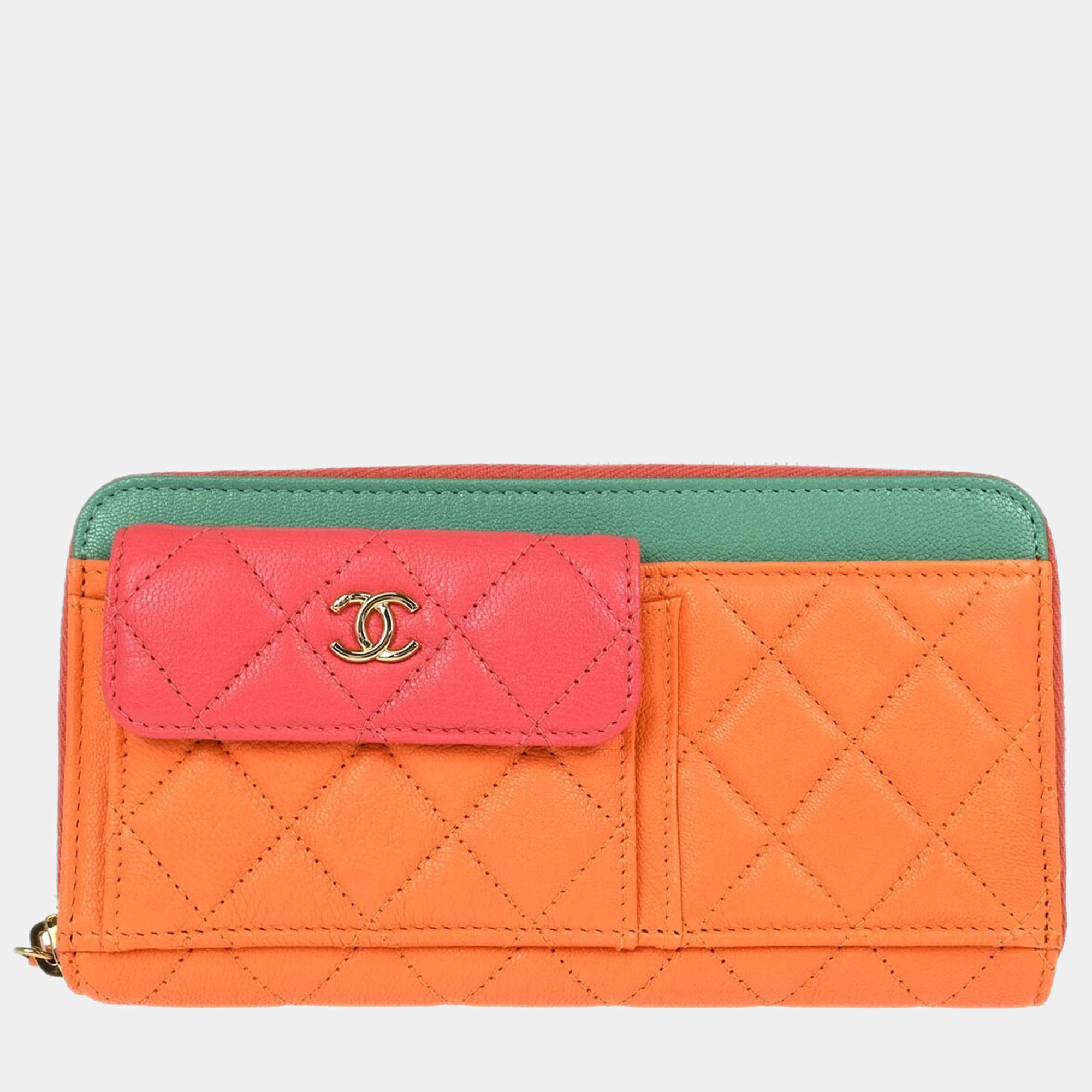 Chanel Long Orange/Pink Calfskin Leather Wallet