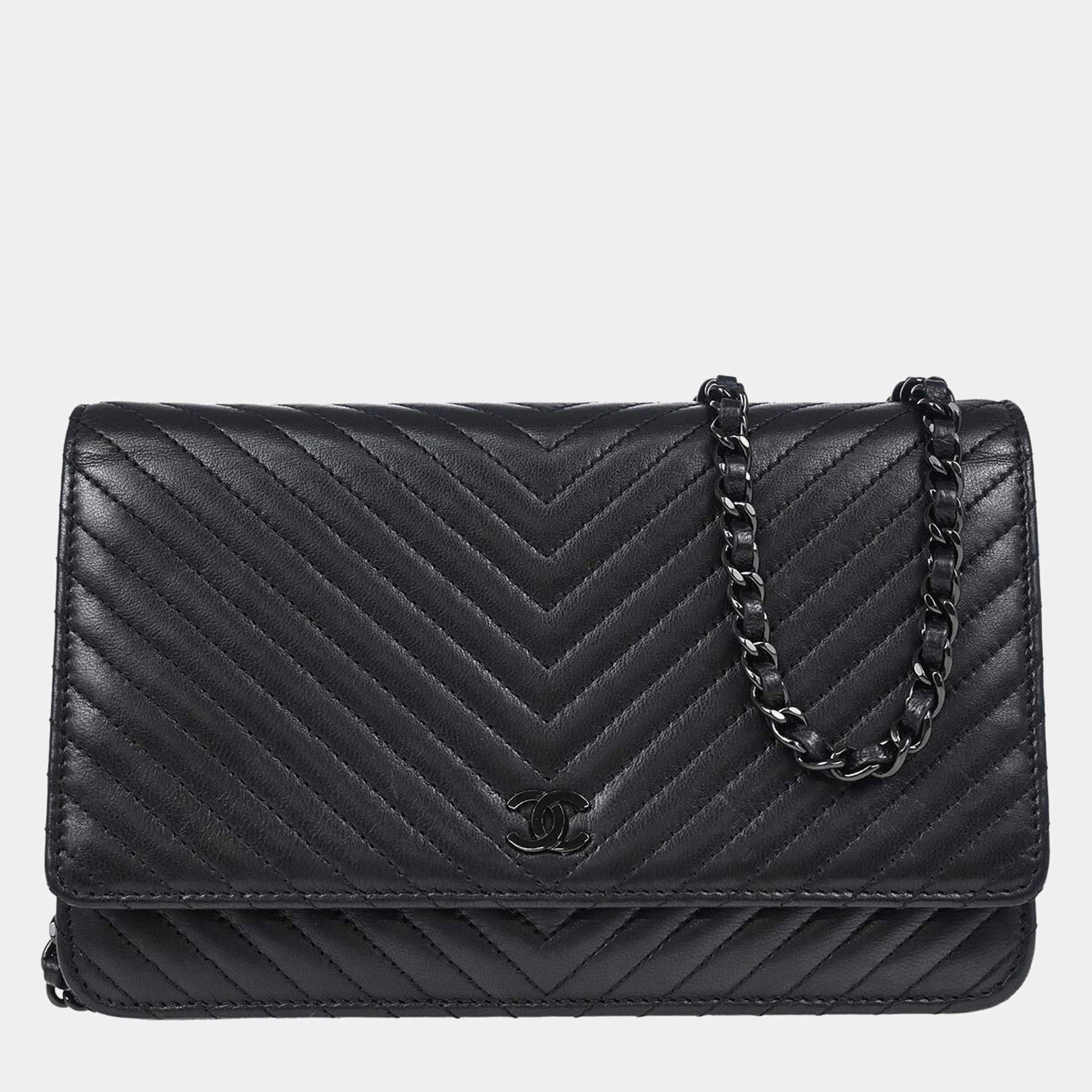 Chanel Classic Black Lambskin Chevron Wallet On Chain