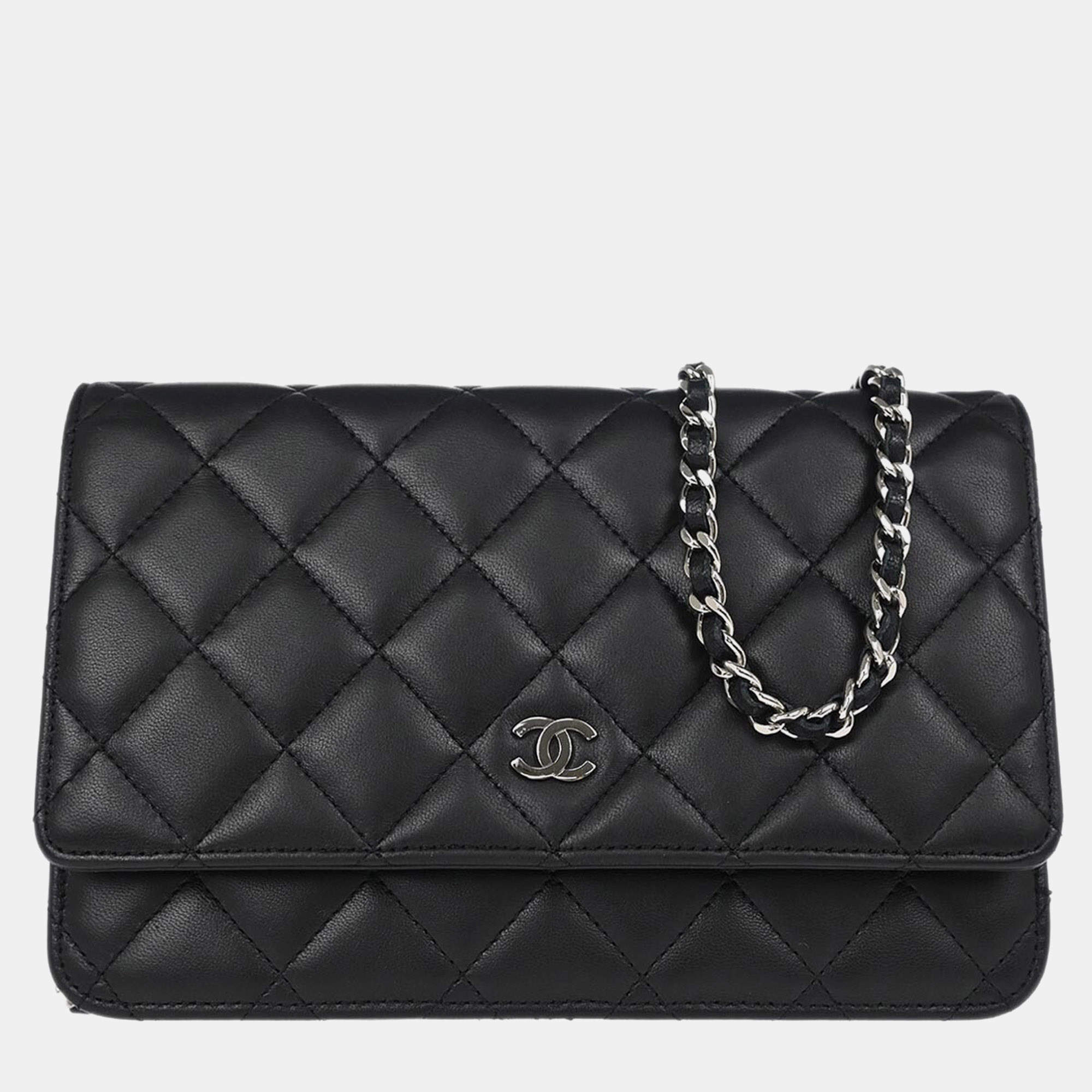 Chanel Classic Black Lambskin Chevron Wallet On Chain