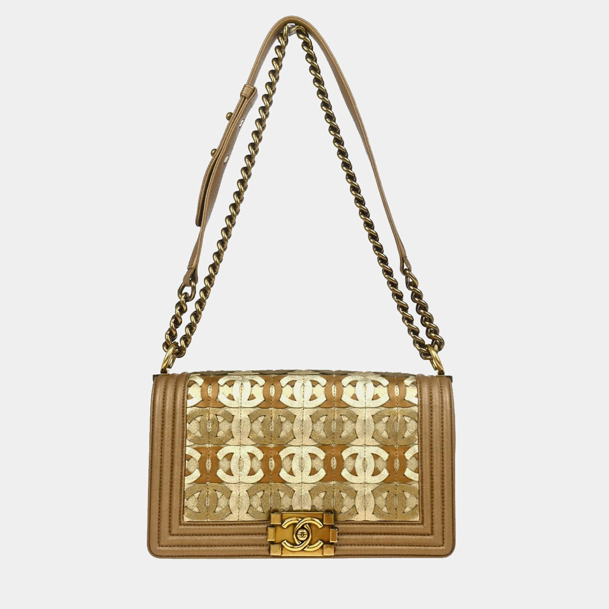 Chanel Boy Medium Gold Lambskin Shoulder Bag 