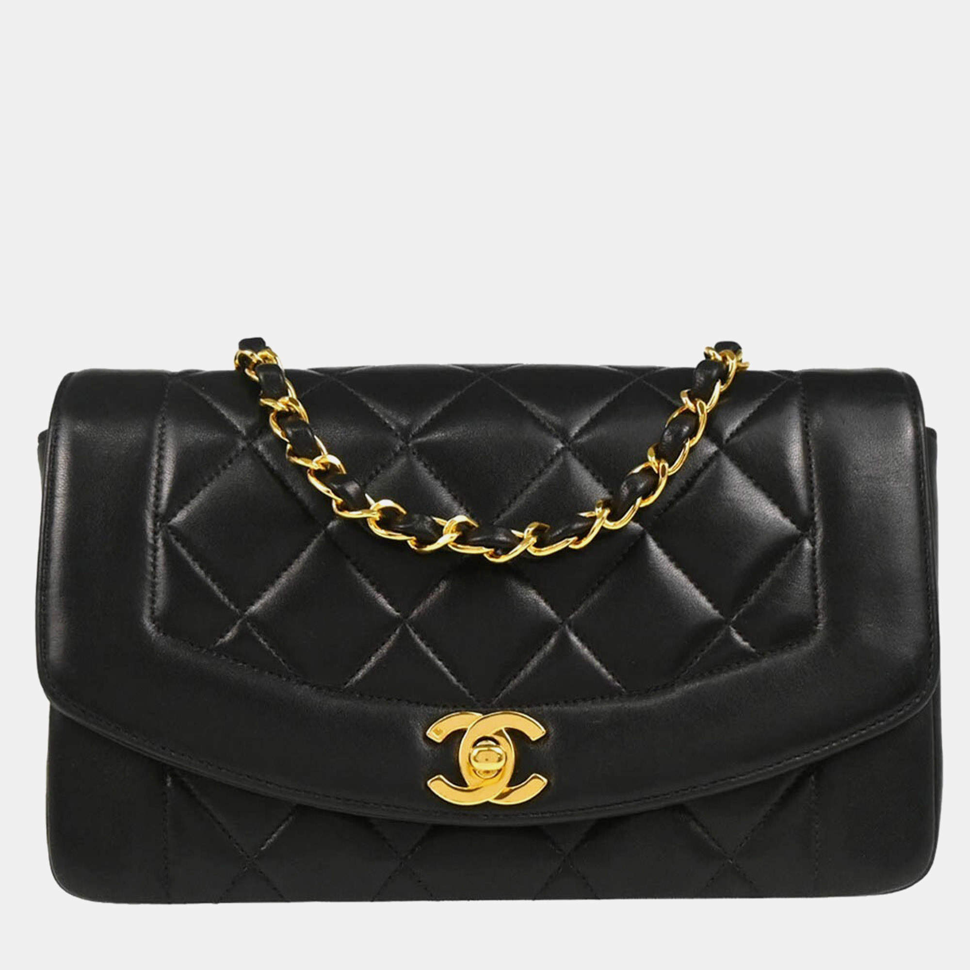 Pre Owned حقيبة كتف شانيل ديانا صغيرة من جلد الخراف الأسود