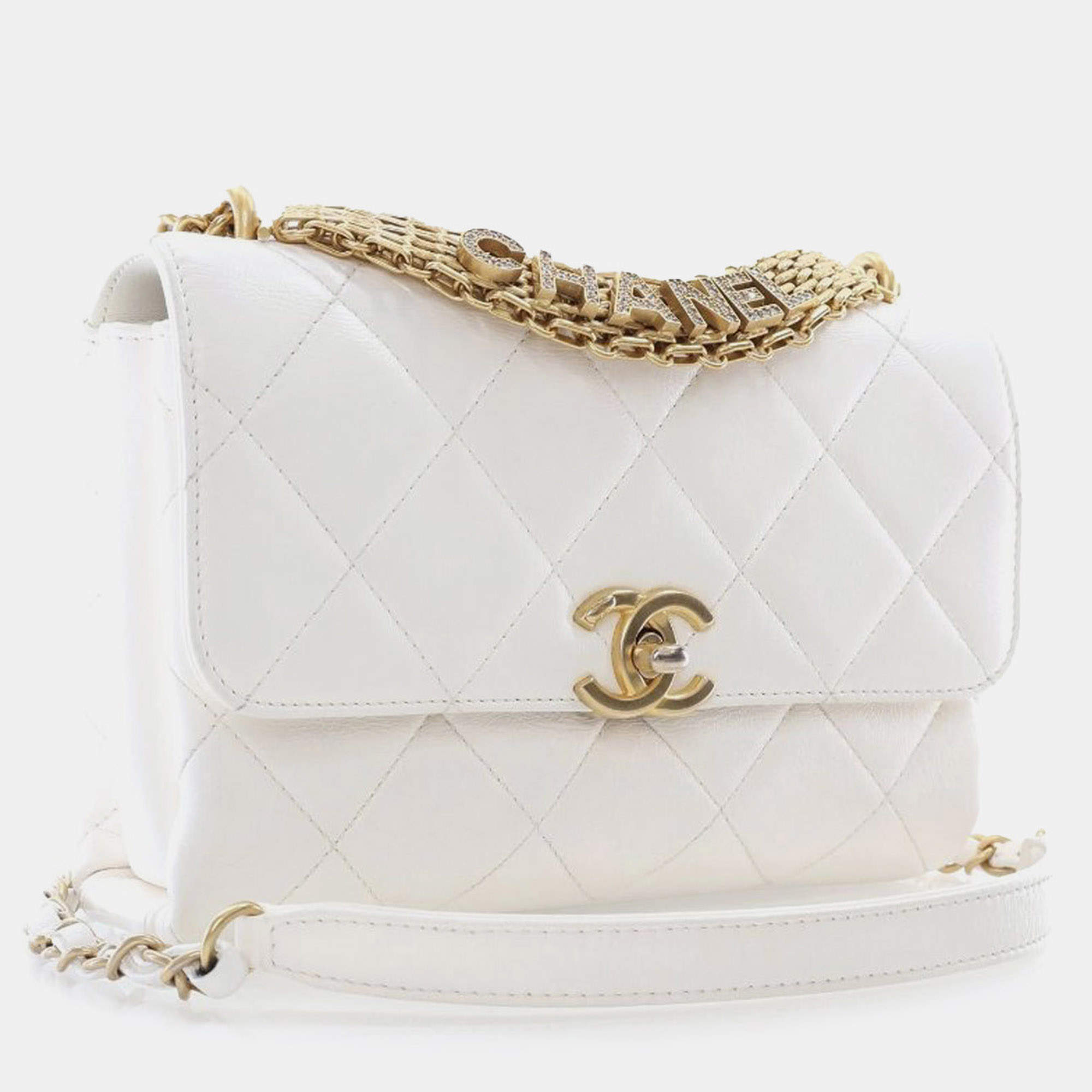 Chanel Silver Small Quilted Lambskin Crystal Logo Letters Chain Flap