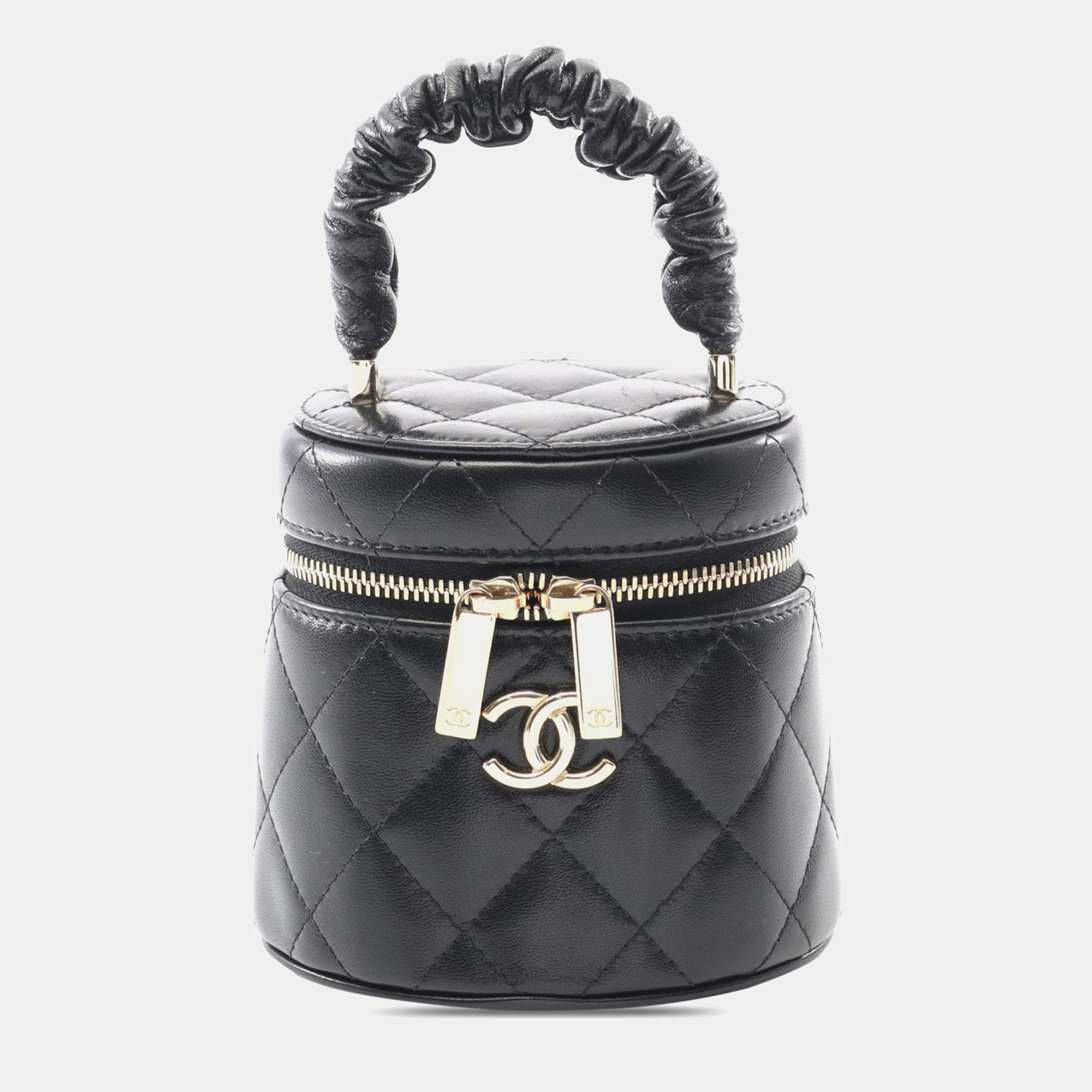 Chanel Black Mini Quilted Lambskin Ruched Handle Vanity Case
