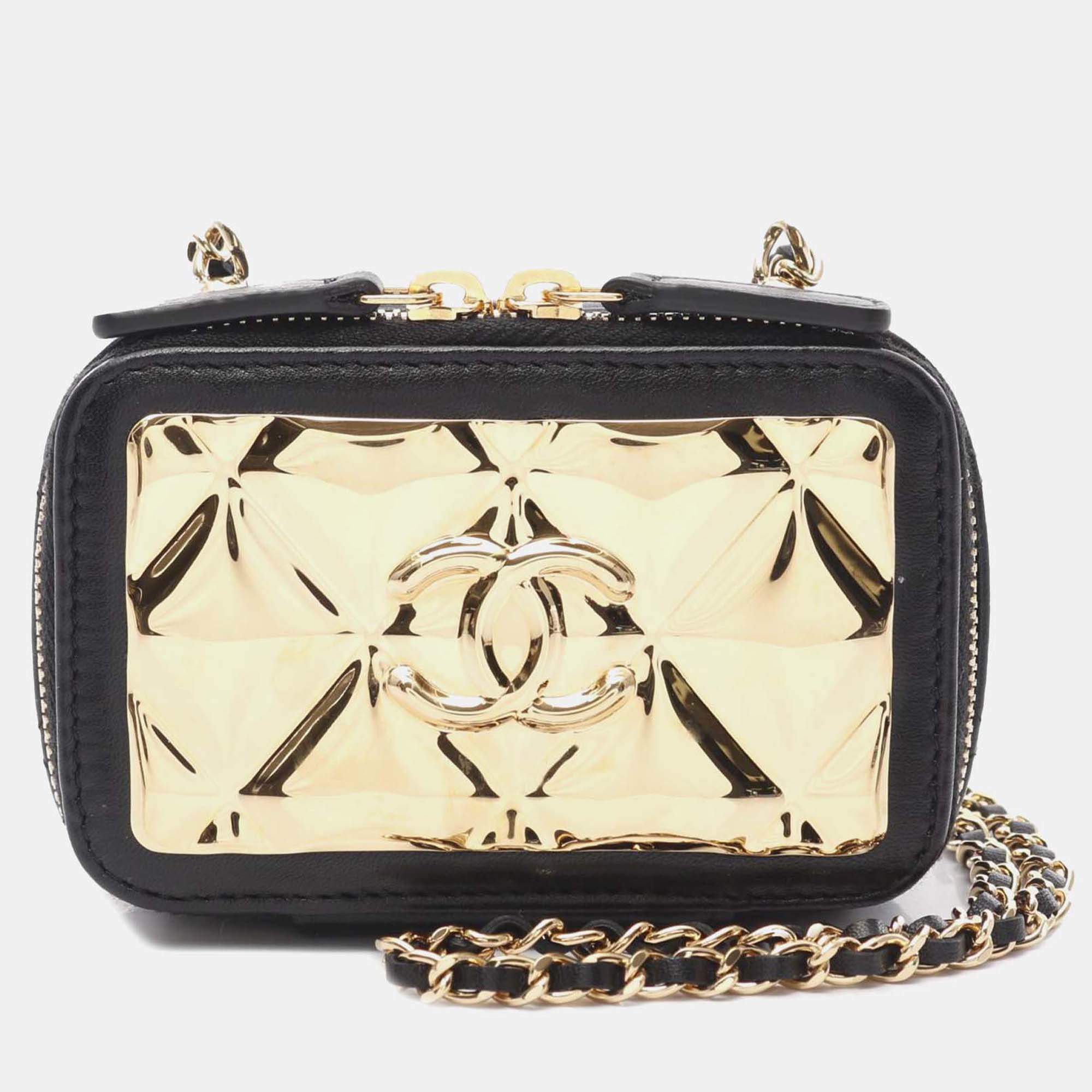 Chanel Black/Gold Extra Mini CC Quilted Golden Plate Vanity Crossbody