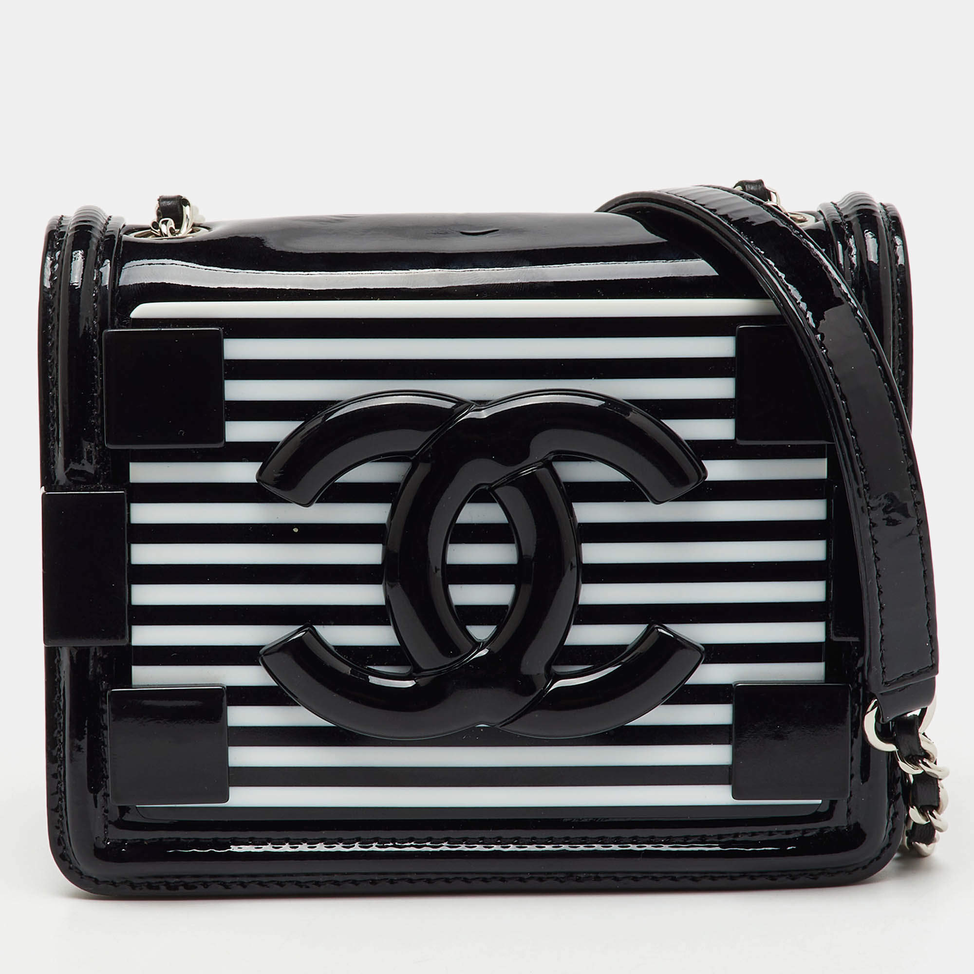 Chanel Black Patent Leather Plexiglass Striped CC Mini Boy Brick Flap Bag