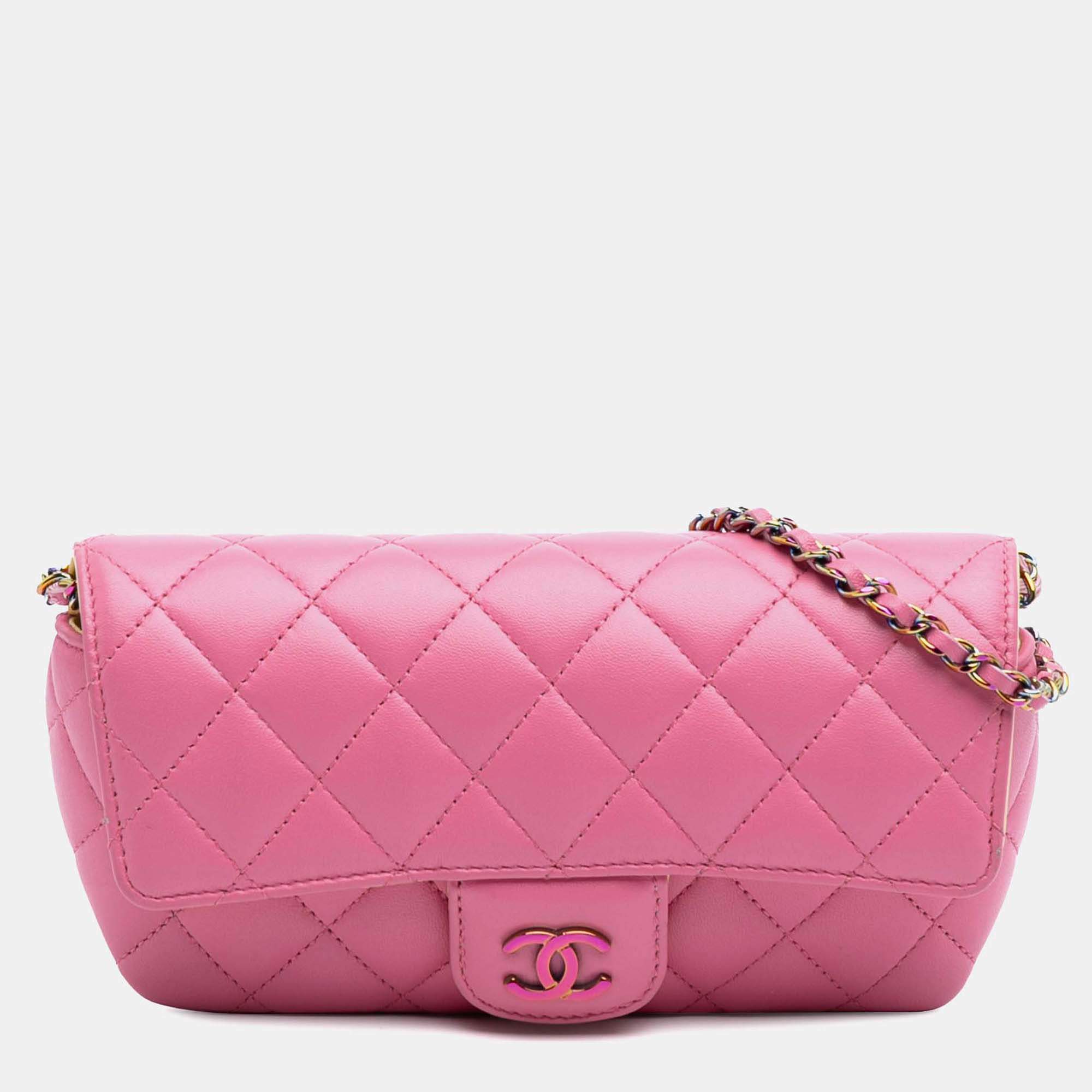 Chanel Pink CC Quilted Lambskin Sunglasses Case with Chain