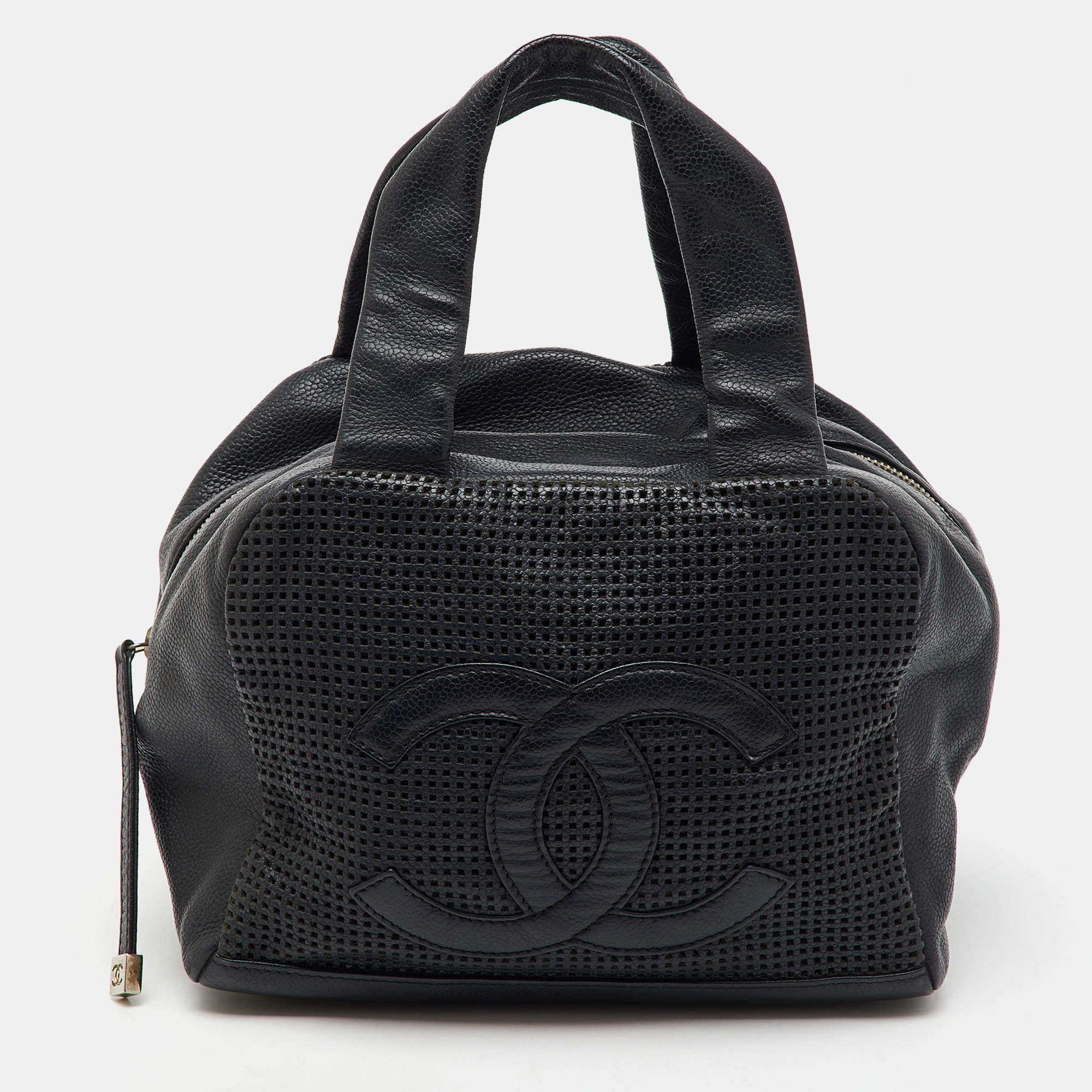 Pre Owned Chanel Black Leather Perforated CC Bowler Bag