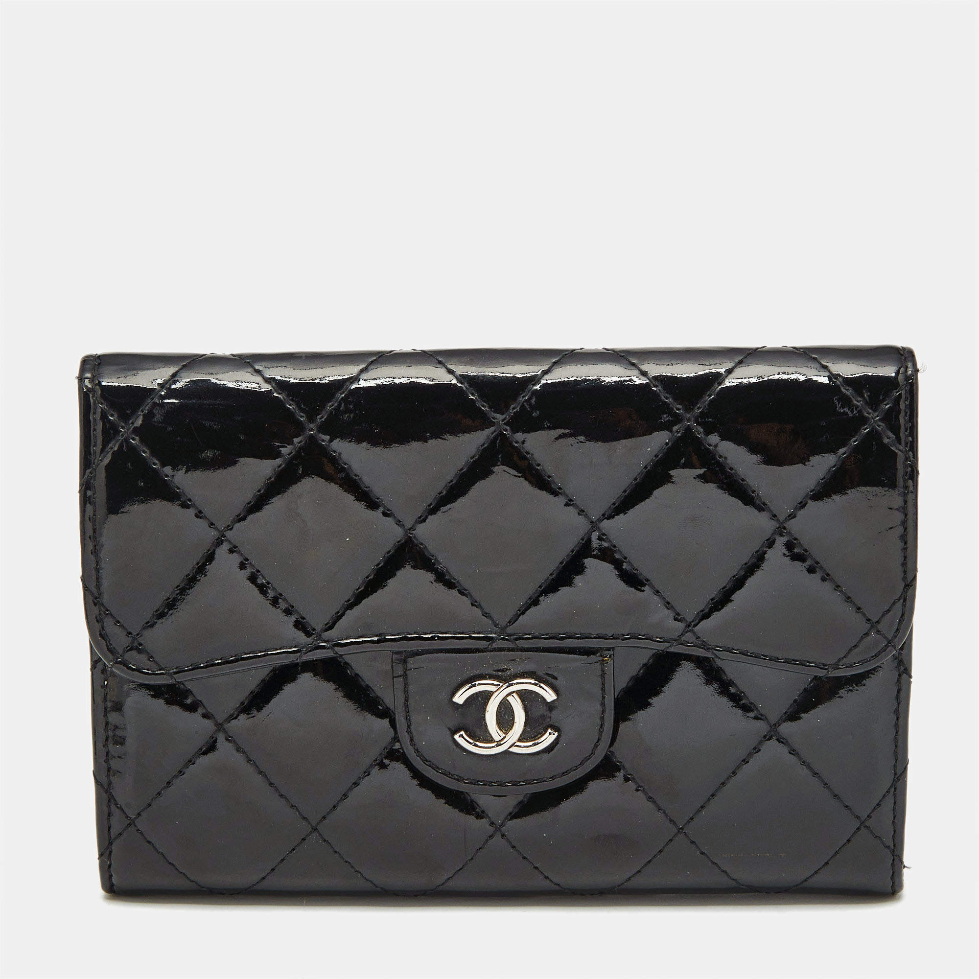 Chanel Black Quilted Patent Leather CC Flap Compact Wallet