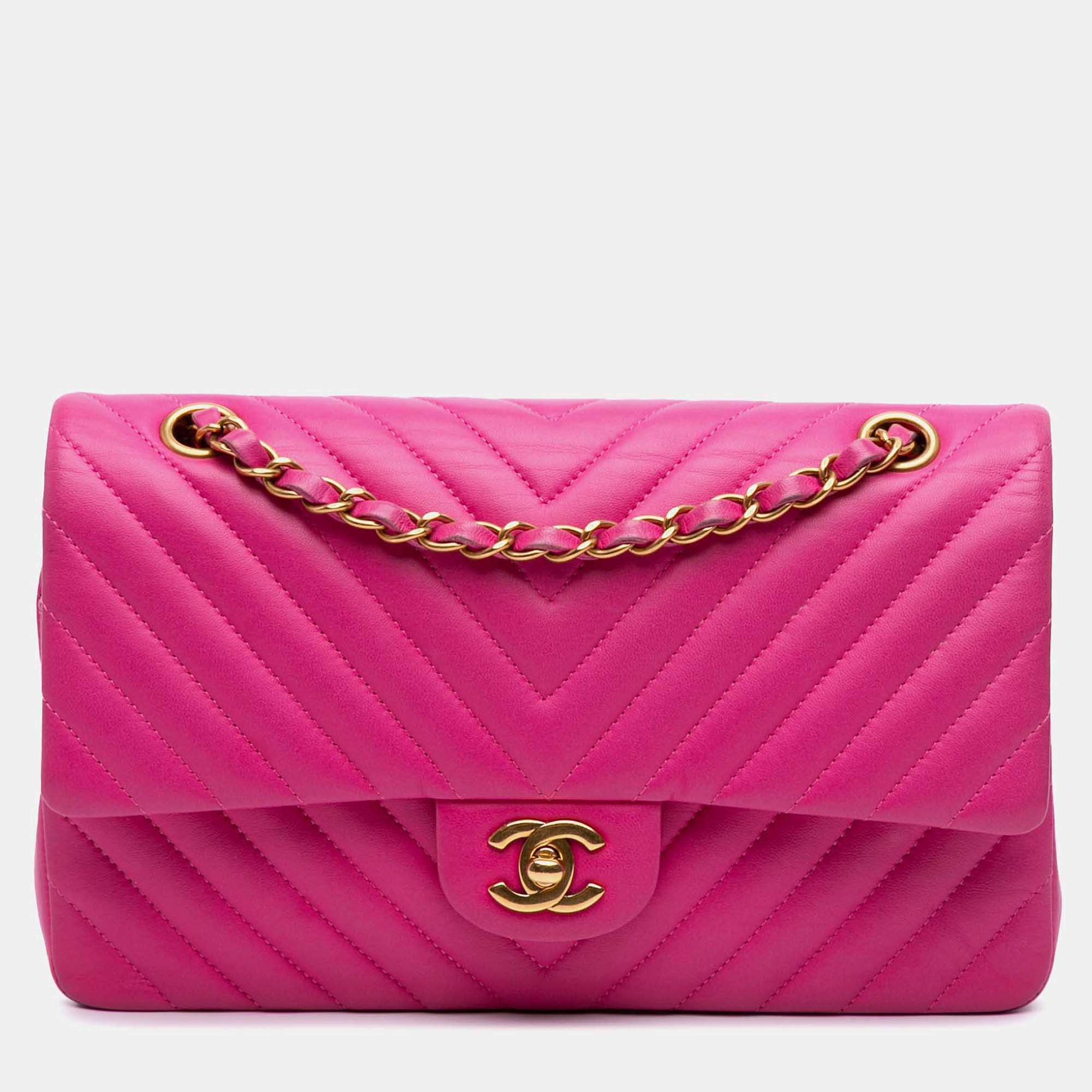 Chanel Pink Medium Classic Chevron Lambskin Double Flap