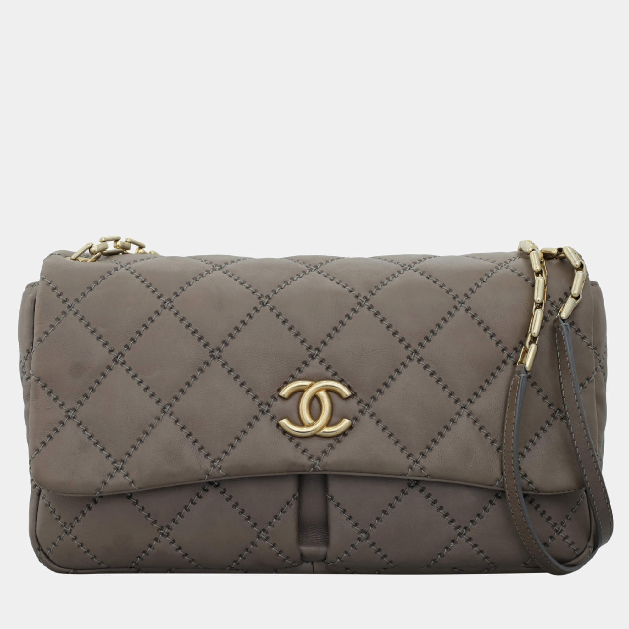 Chanel Stitch It Grey Leather Double Pocket Flap Bag
