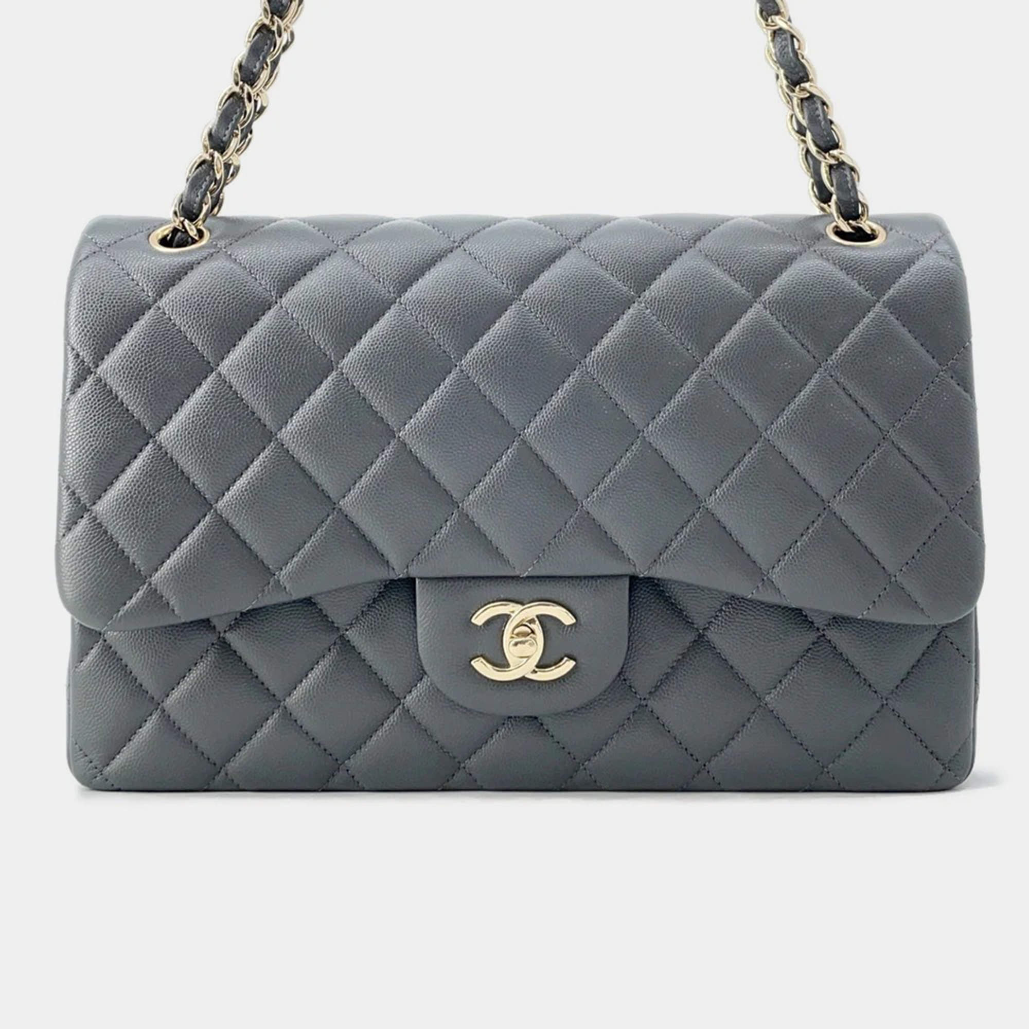 Chanel Jumbo Matelassé Double Flap Gray Caviar Leather Chain Shoulder Bag 30