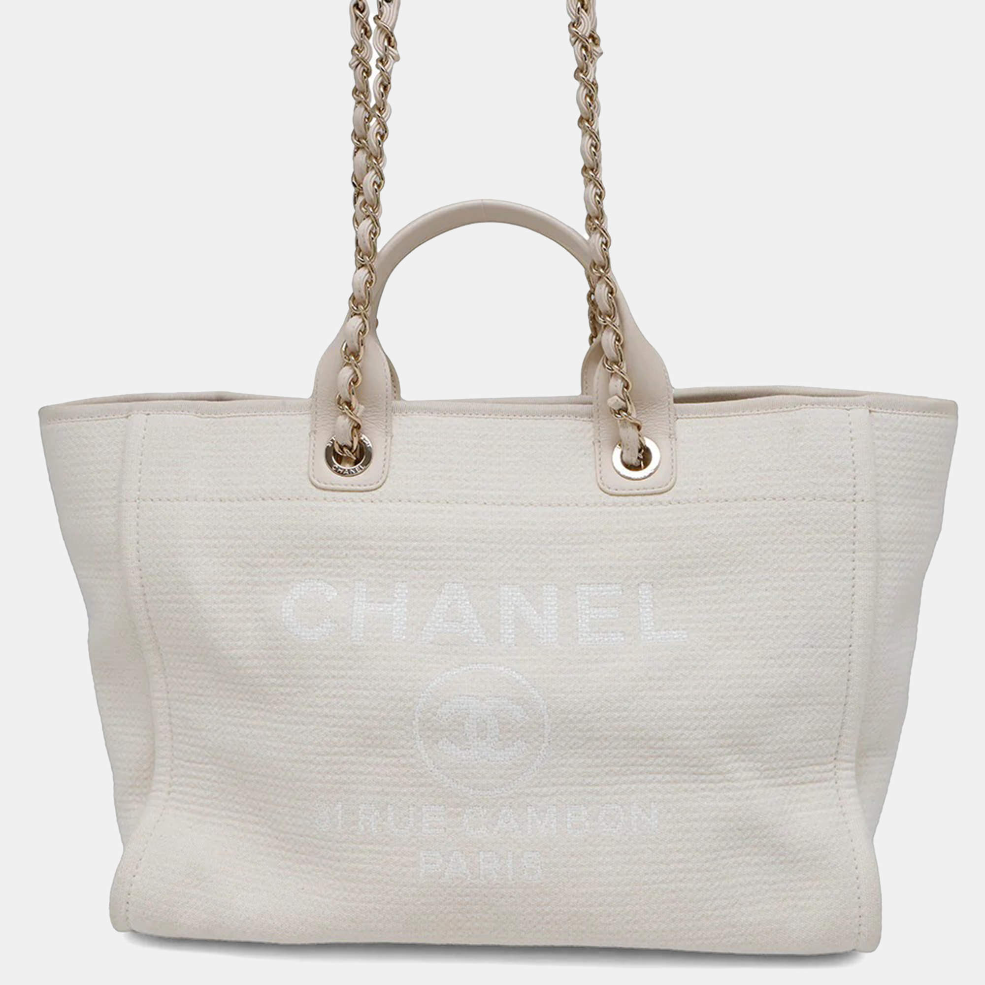 Chanel Deauville 2Way Chain tote Bag Ivory Canvas Leather Size Gm