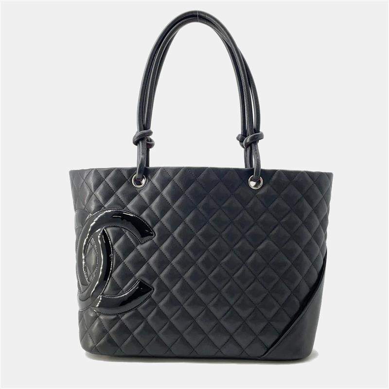  Chanel Cambon Line Large Black Leather Tote Bag 