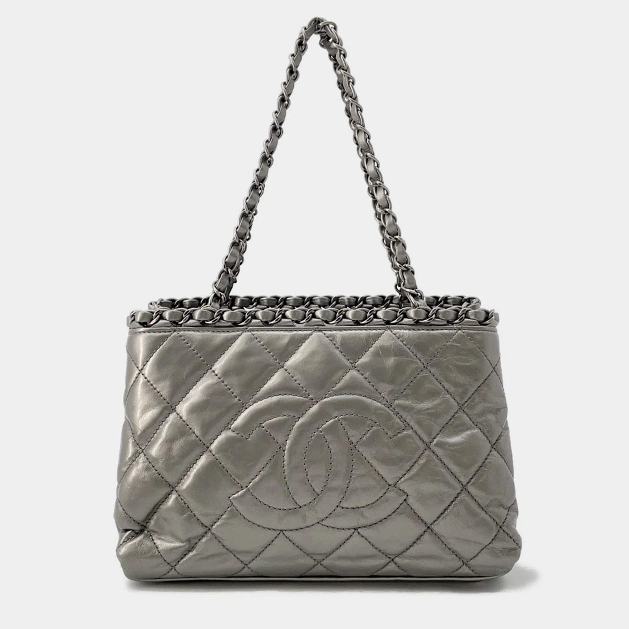Chanel CC Logo Chain Me Silver Calf Leather Tote Bag 