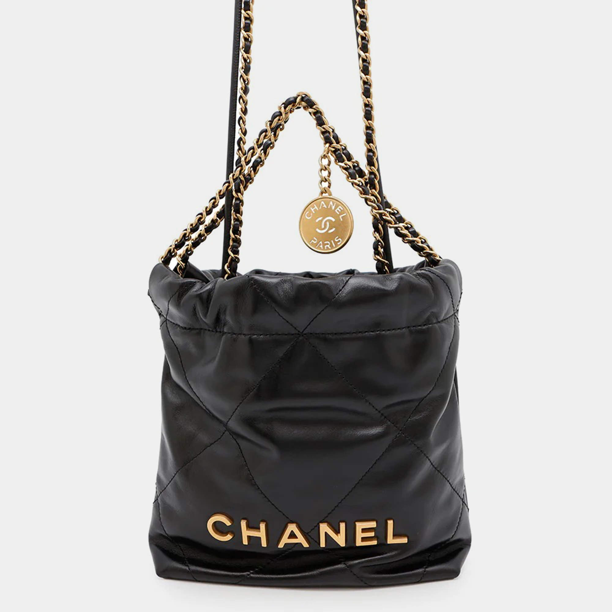 Chanel Chanel22 Chainhandbag Black Shiny Calf Leather Size Mini