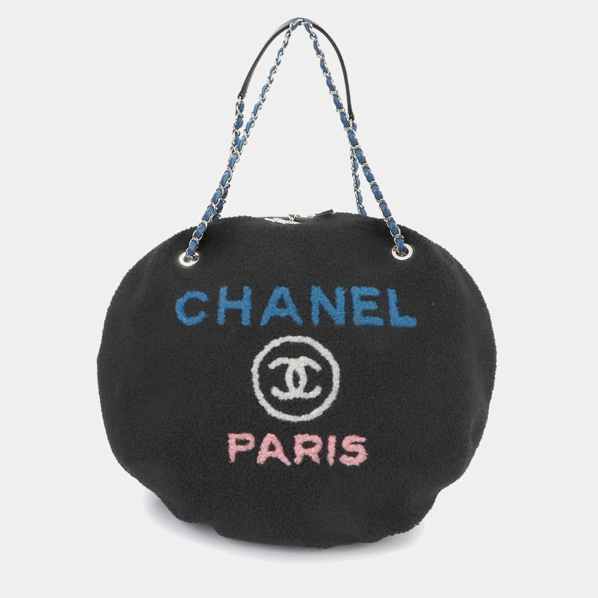 Chanel Deauville Round Chain Shoulder Bag Shearling Leather Black