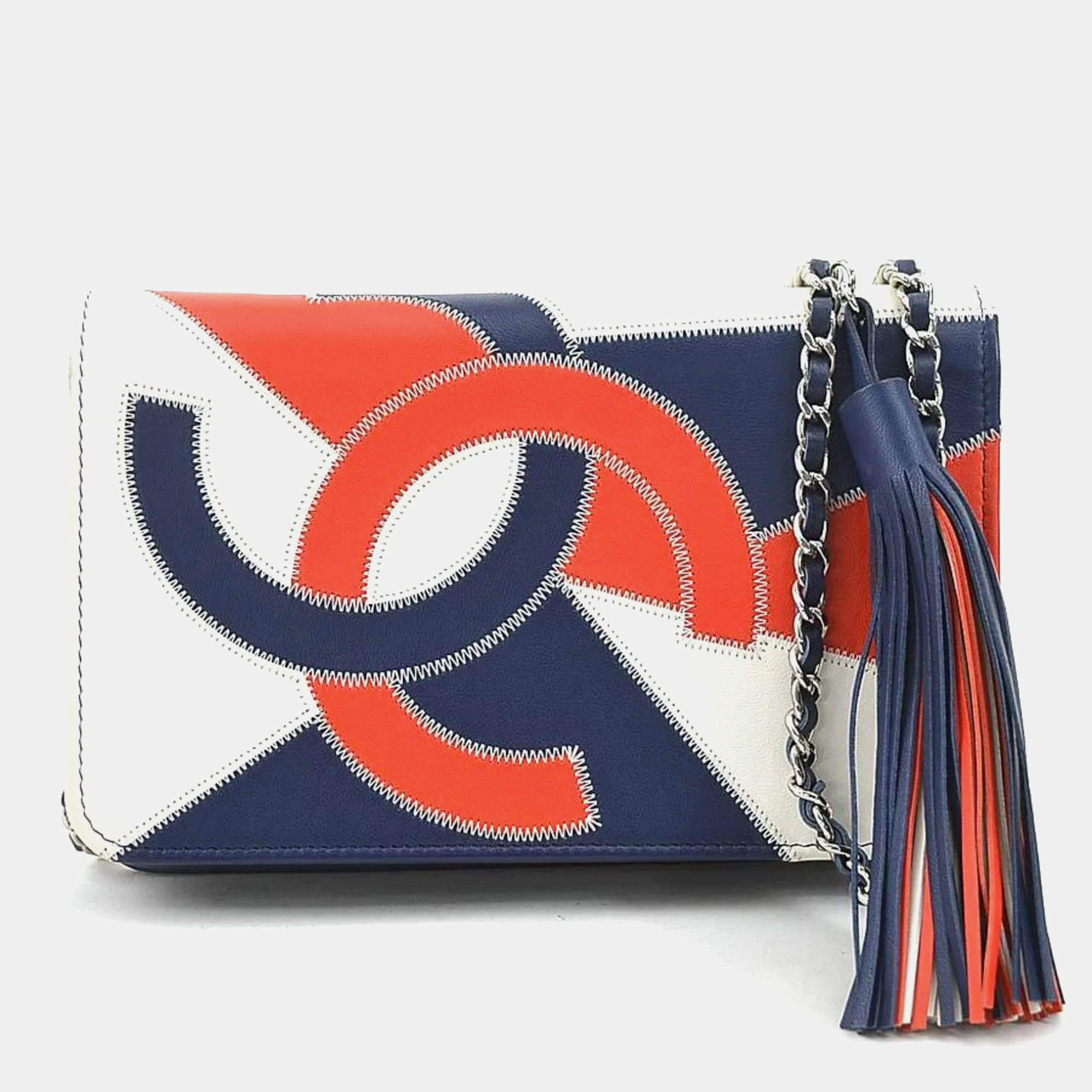 Chanel Wallet Chain Purse Shoulder Bag Leather Navy Off-White Red Silver